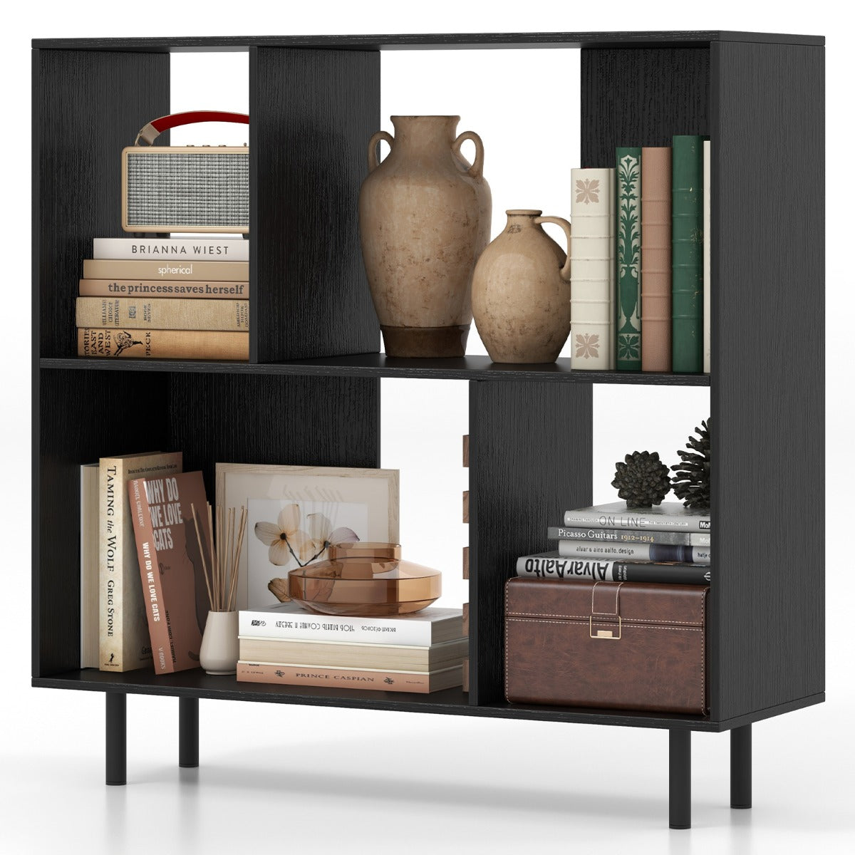 Mid Century Modern Minimalist Cube Bookshelf with 4 Compartments-Black