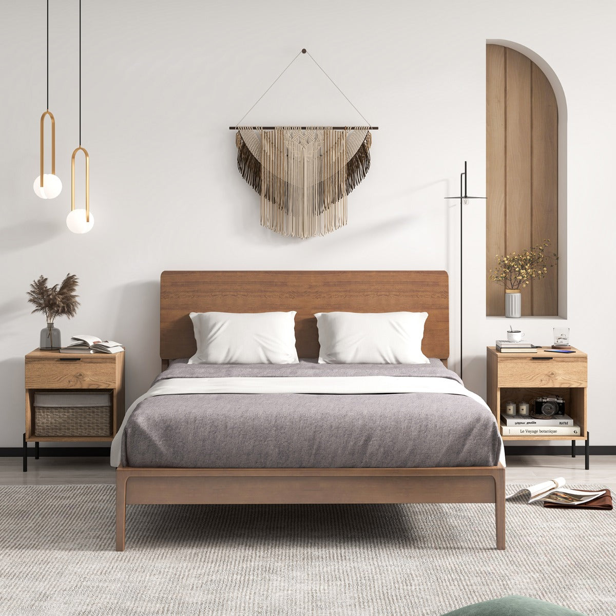 Mid Century Modern Nightstand with Charging Station and Open Compartment-Natural