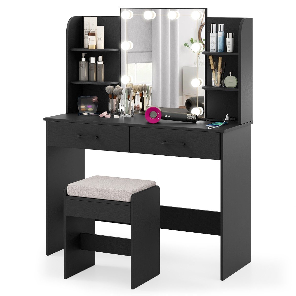 Vanity Set with 3-Color Lighting and Adjustable Brightness-Black