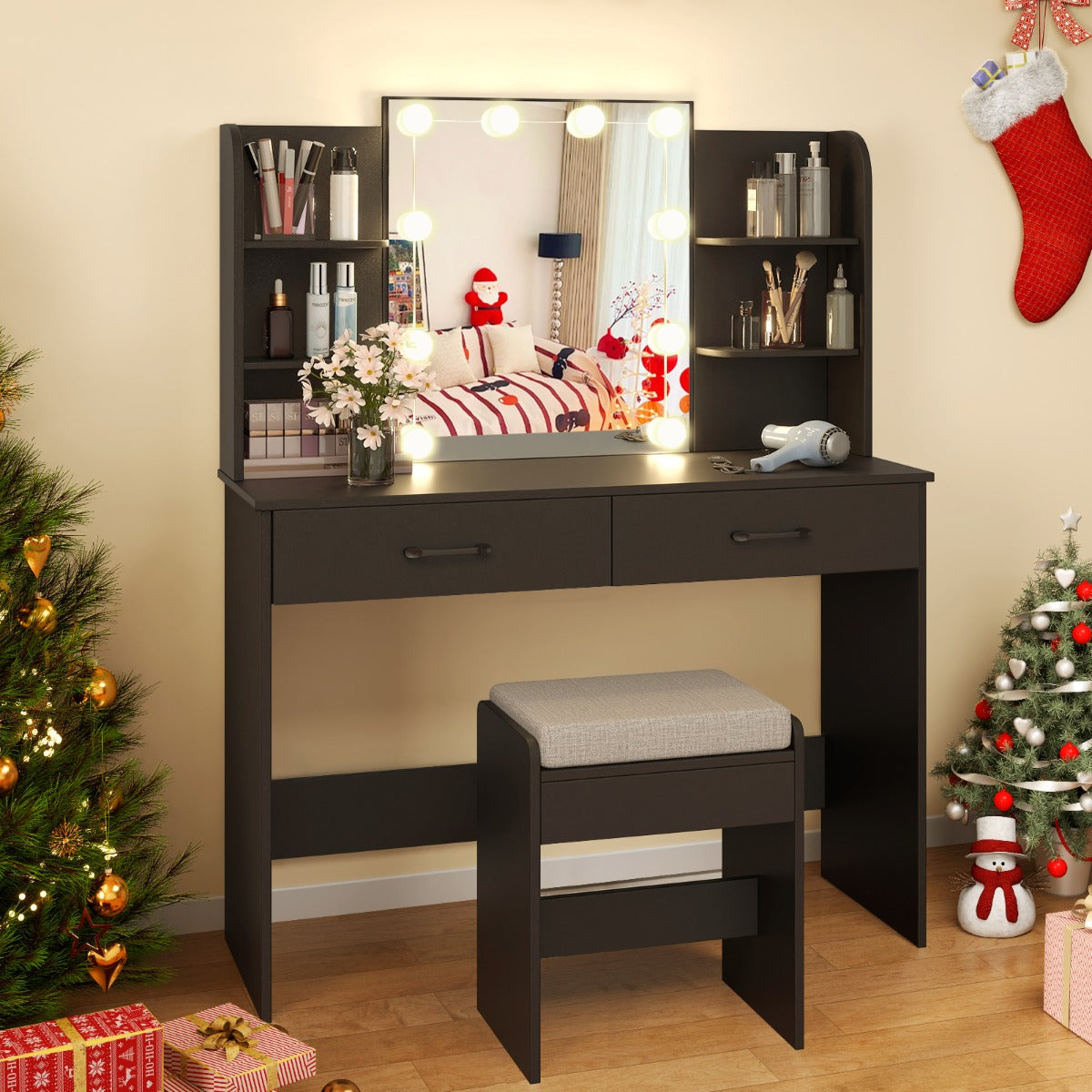 Vanity Set with 3-Color Lighting and Adjustable Brightness-Black