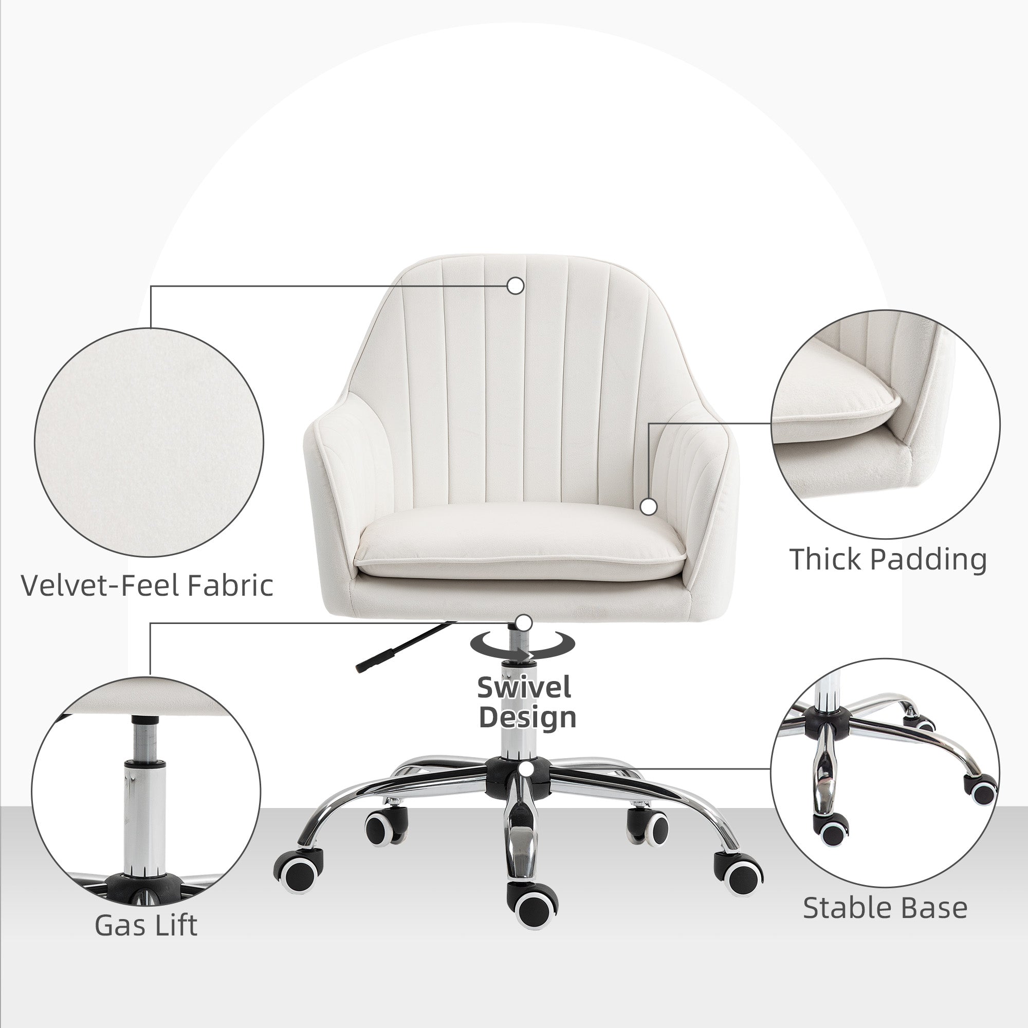 HOMCOM Velvet-Feel Office Chair with Adjustable Height and Wheels - Cream White