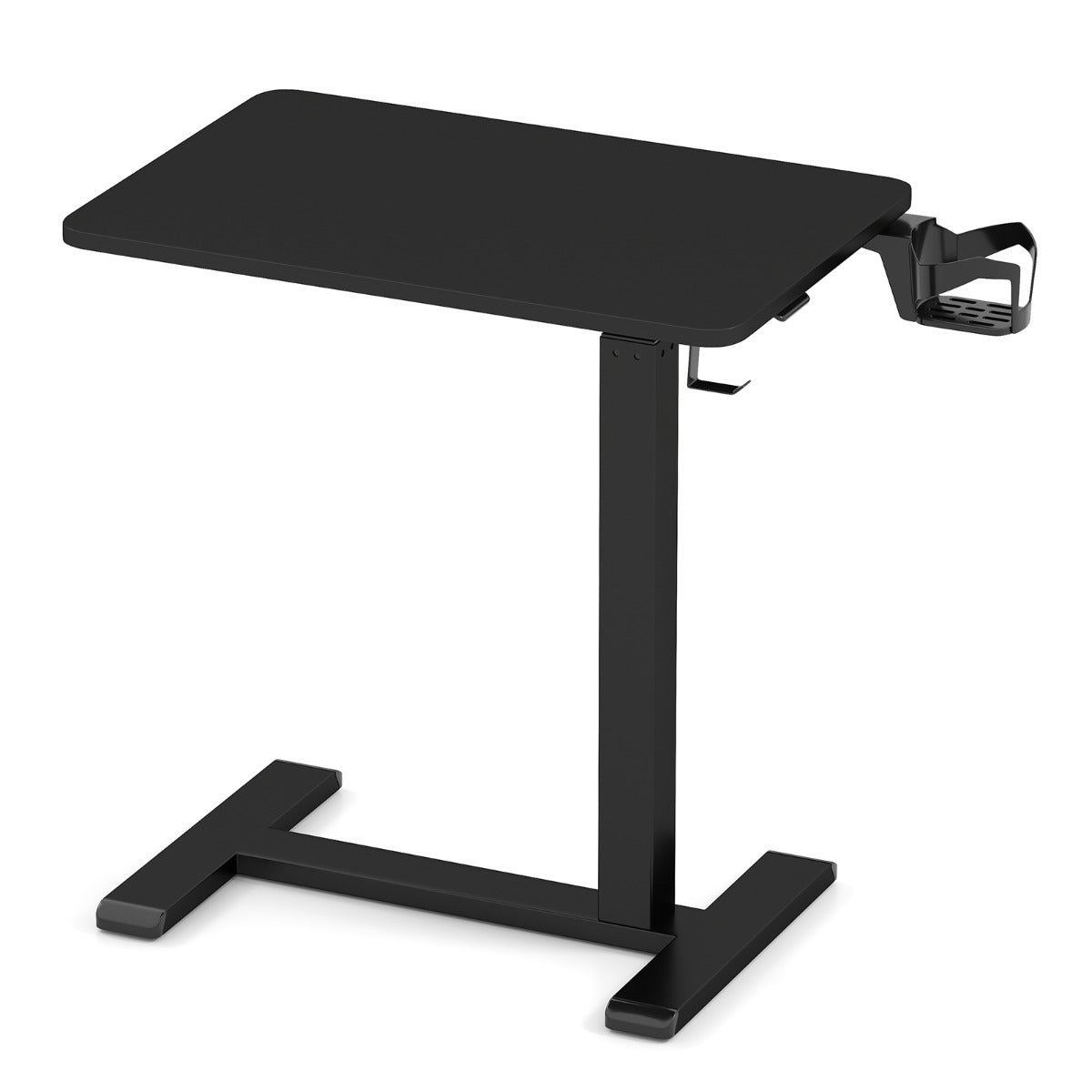 Height Adjustable Overbed Bedside Table with Cup Holder and Headphone Hook-Black