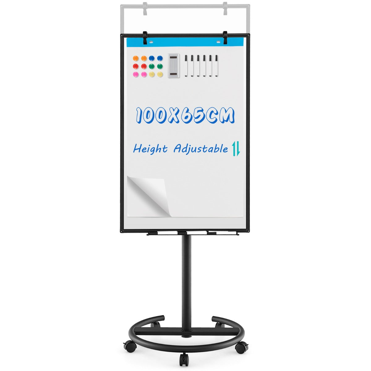 100 cm x 65 cm Height-Adjustable Magnetic Whiteboard on Wheels-Black &amp; White