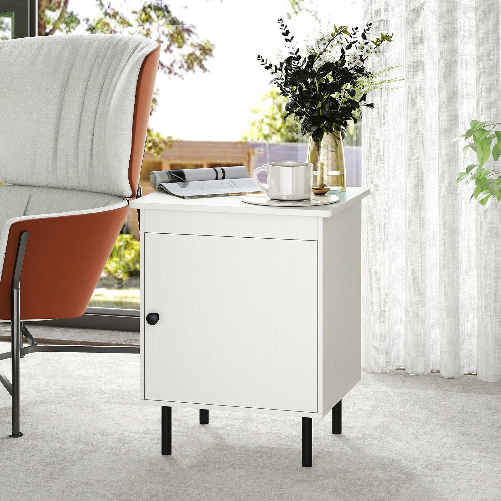 2-Tier Nightstand with Single Door Cabinet for Bedroom-White