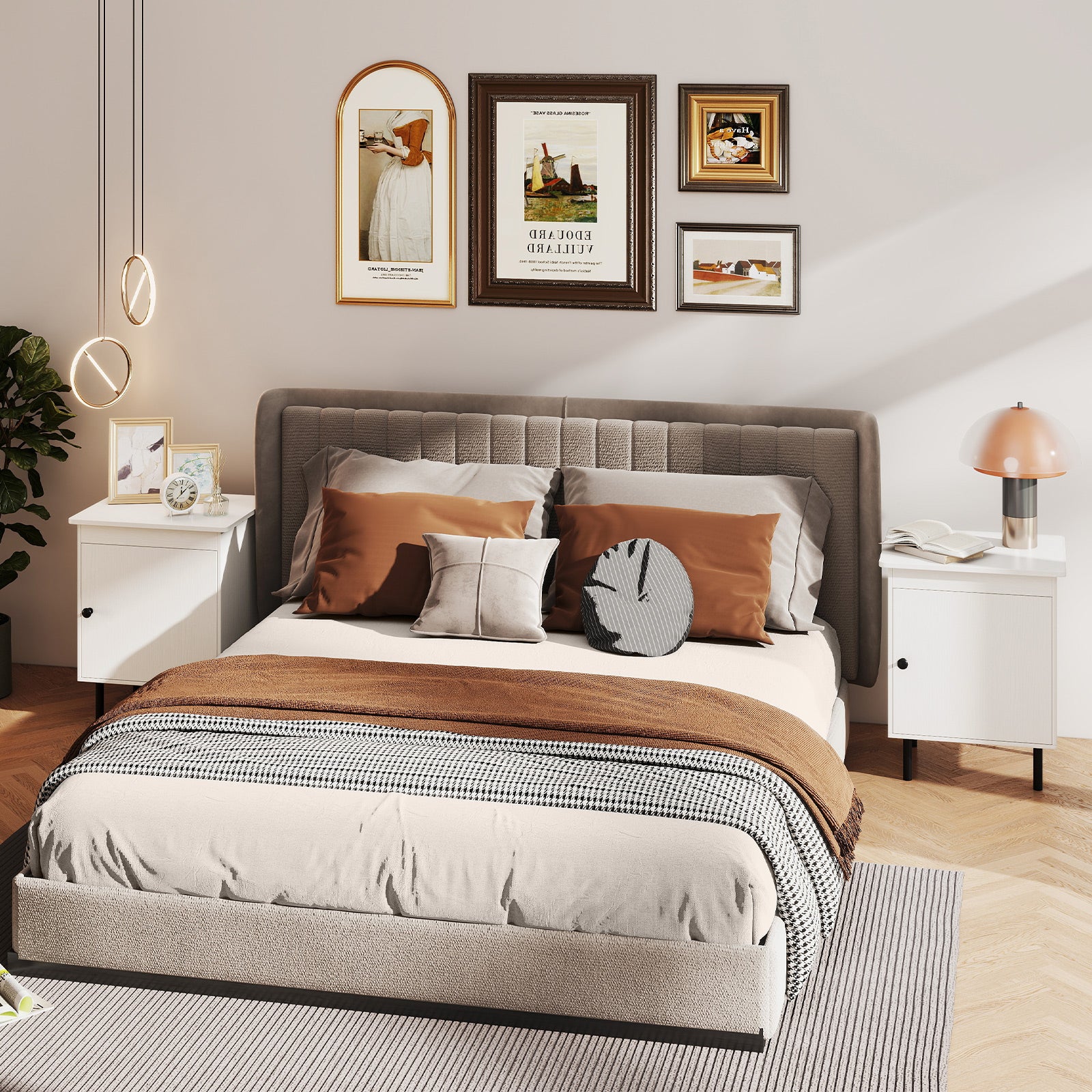 Set of 2 modern Nightstand with Cabinet and Heavy-Duty Metal Legs-White