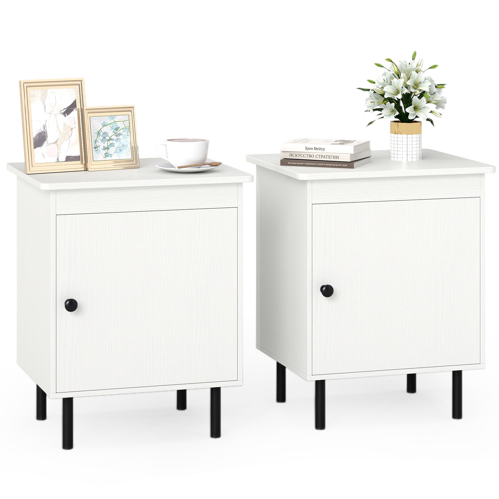 Set of 2 modern Nightstand with Cabinet and Heavy-Duty Metal Legs-White