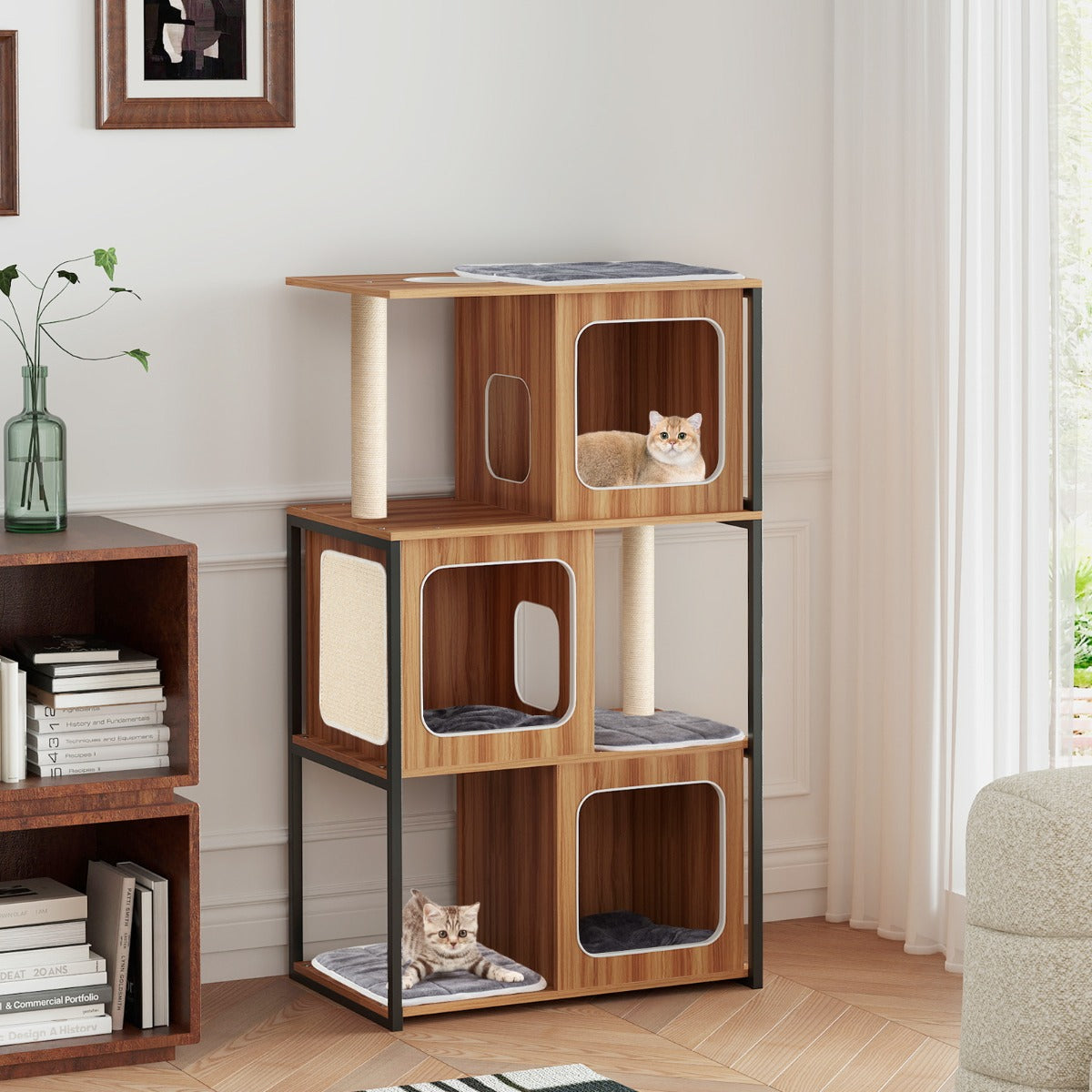 Modern Cat Tree with Metal Frame and Padded Top Perch for Indoor Kittens-Natural