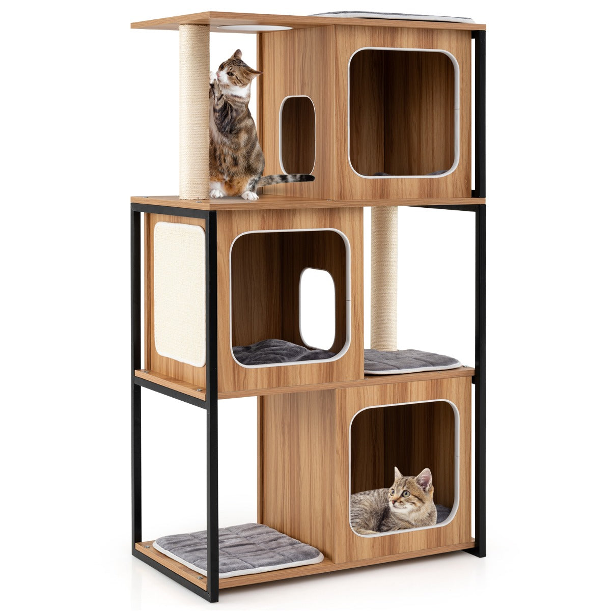 Modern Cat Tree with Metal Frame and Padded Top Perch for Indoor Kittens-Natural