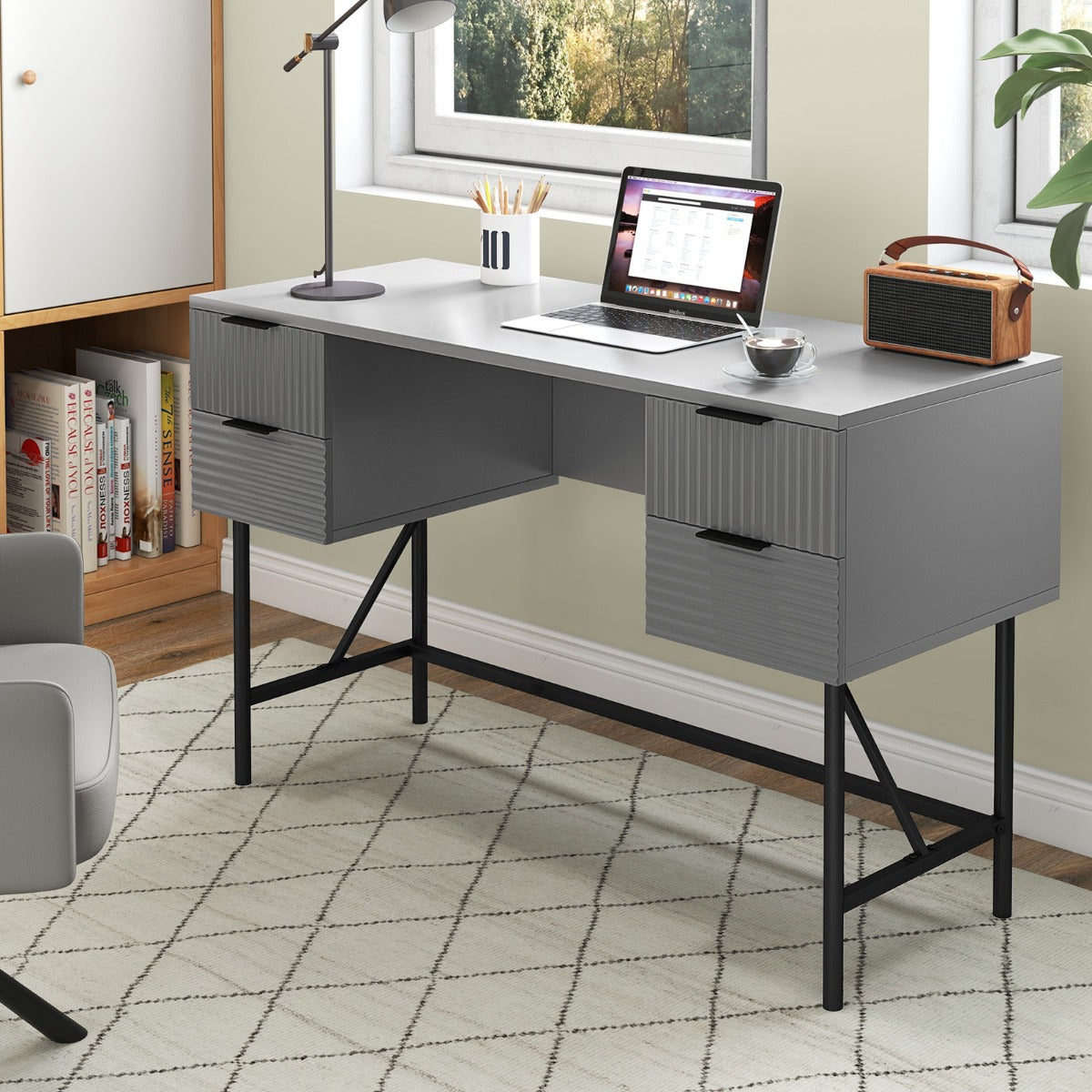 Modern Computer Desk with 4 Drawers and Storage-Grey