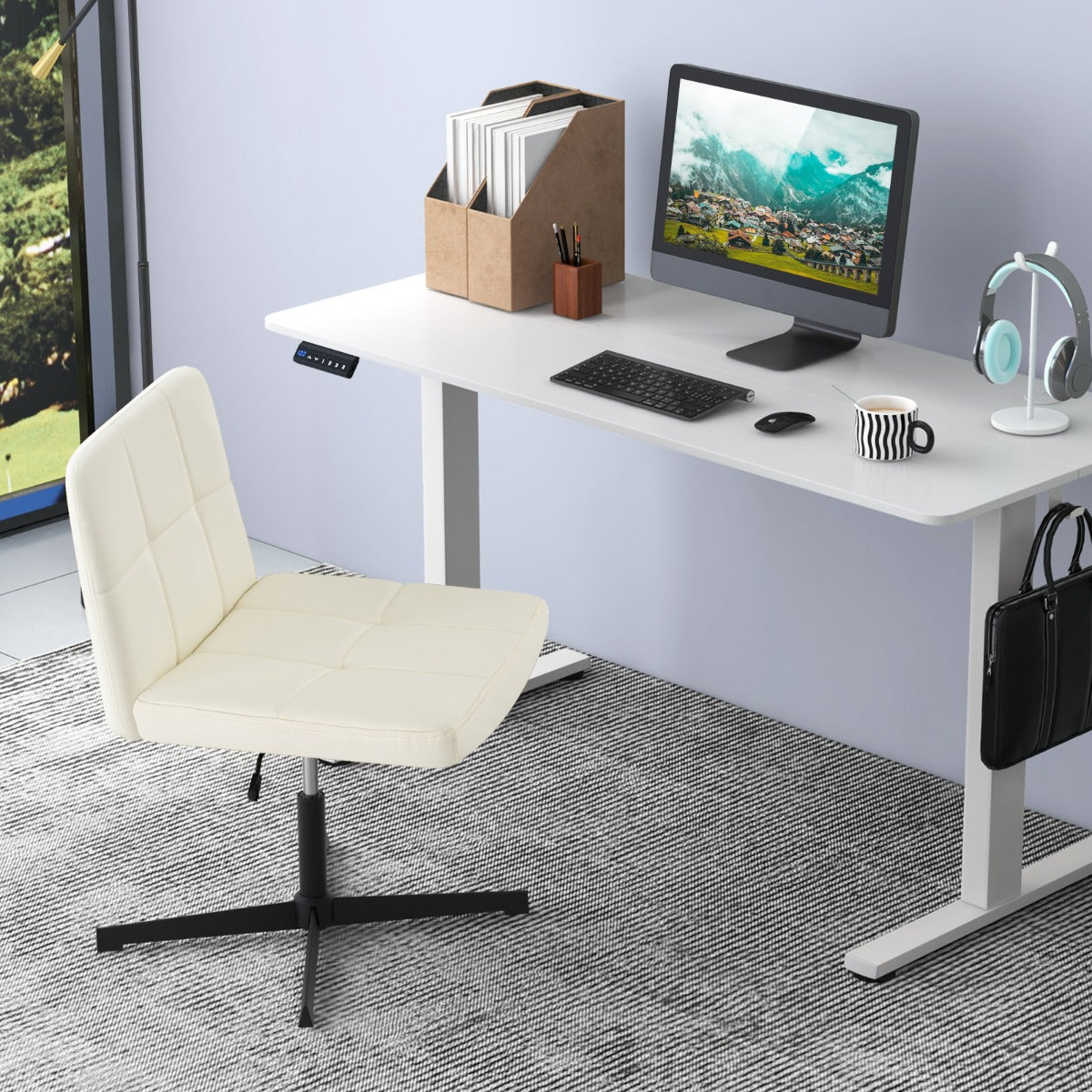 PU Leather Upholstered Armless Cross Legged Office Desk Chair No Wheels-Beige