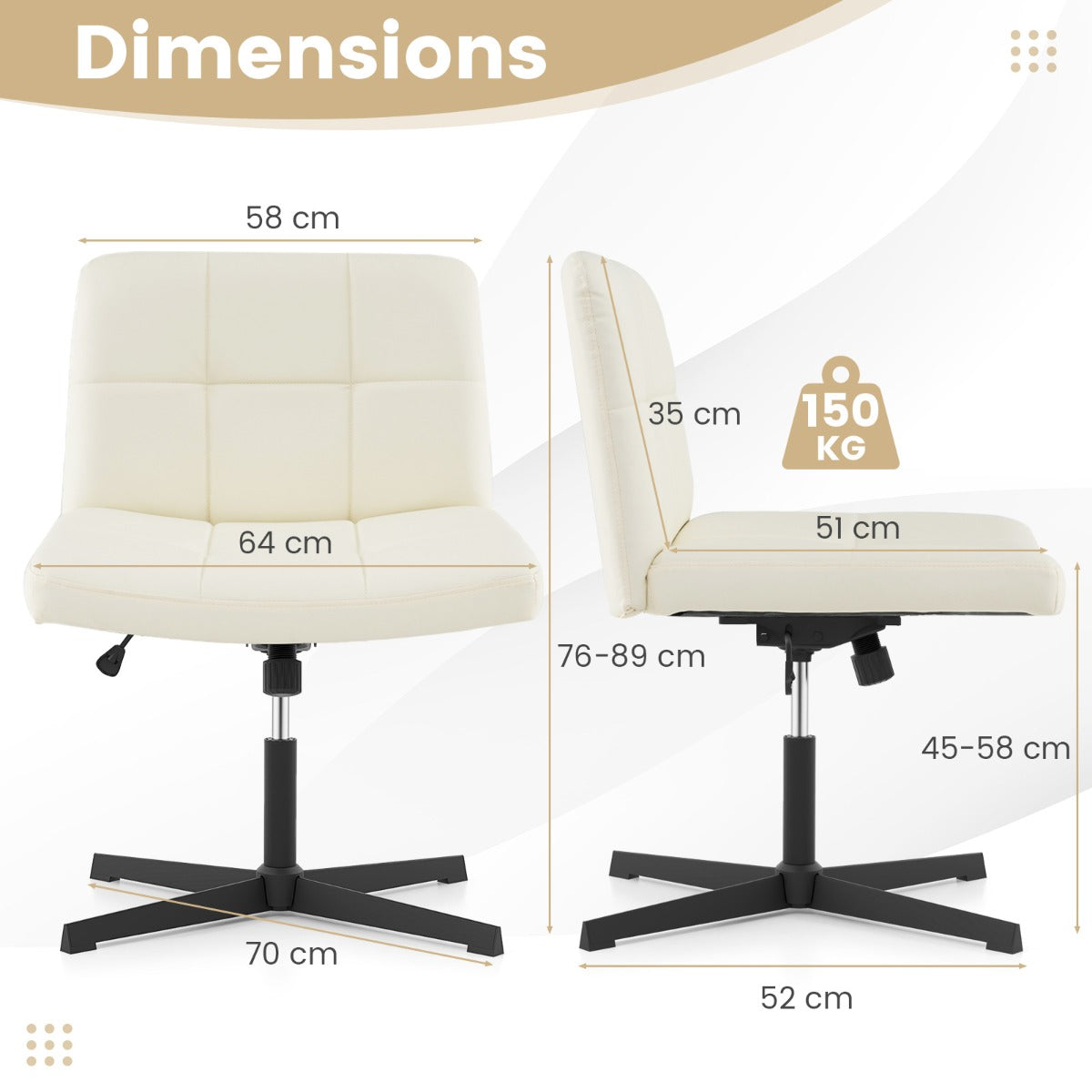 PU Leather Upholstered Armless Cross Legged Office Desk Chair No Wheels-Beige