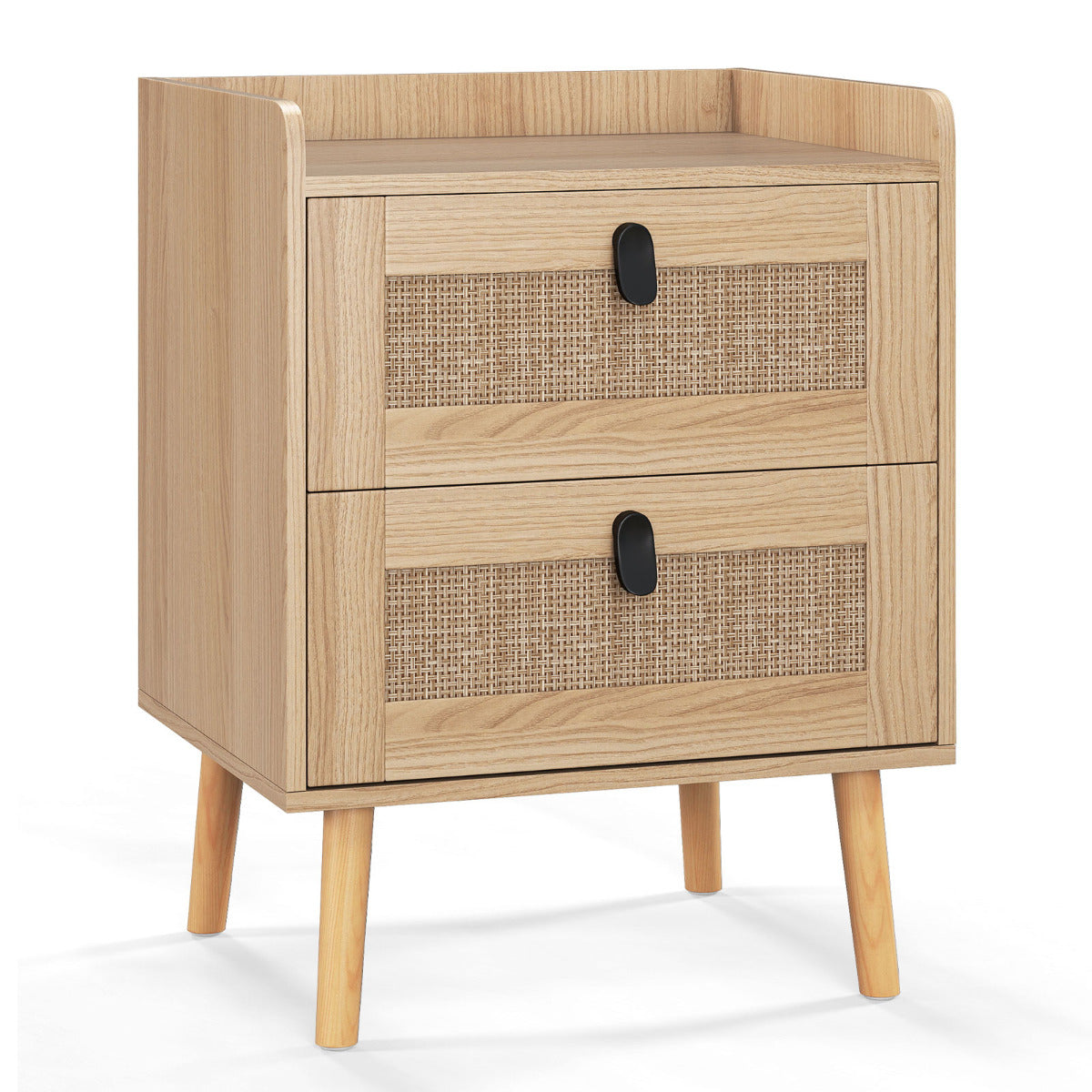 Modern End Table Bedside Table with 2 Rattan Decorated Drawers for Living Room-Natural