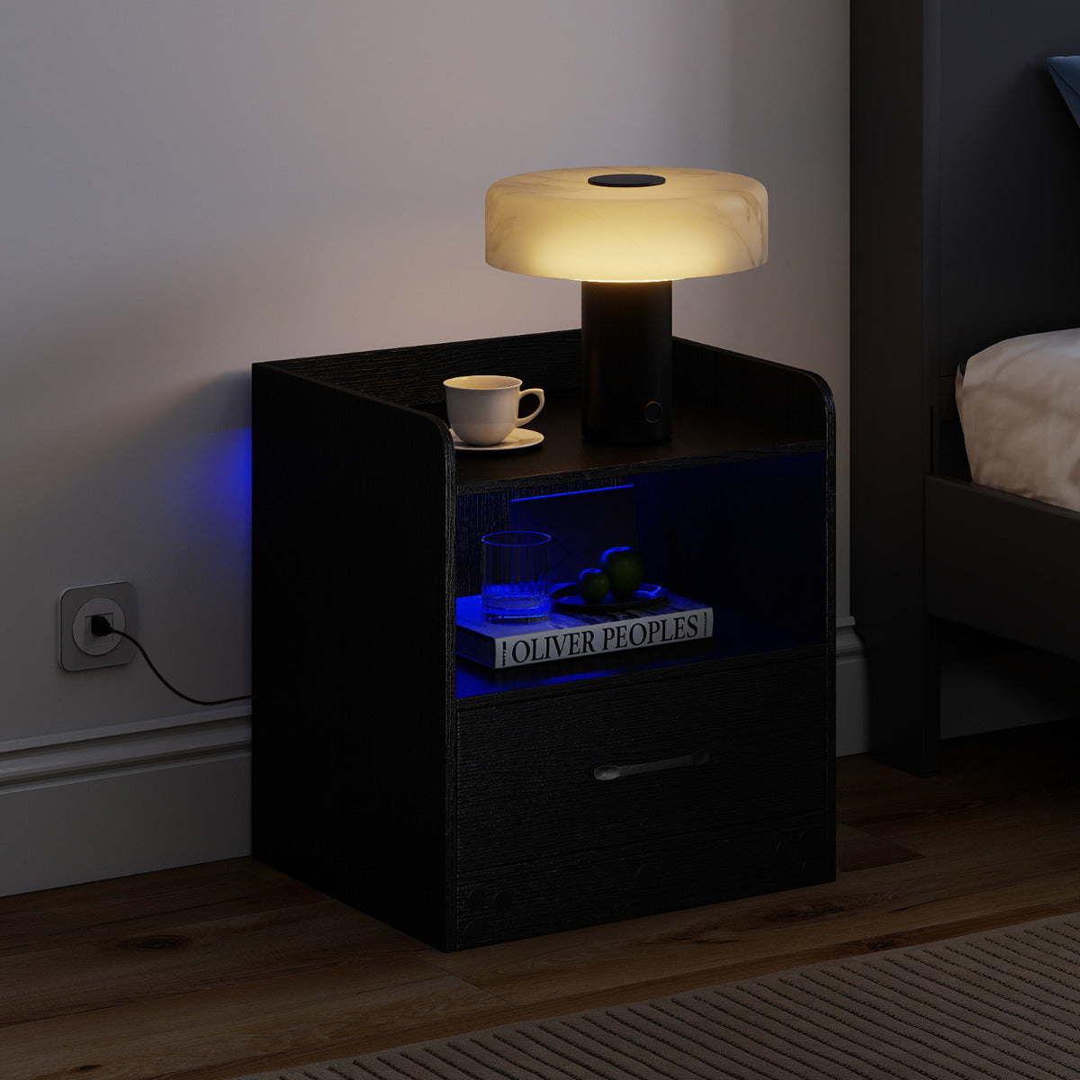 Modern Nightstand with Drawer and Open Shelf for Living Room and Bedroom-Black