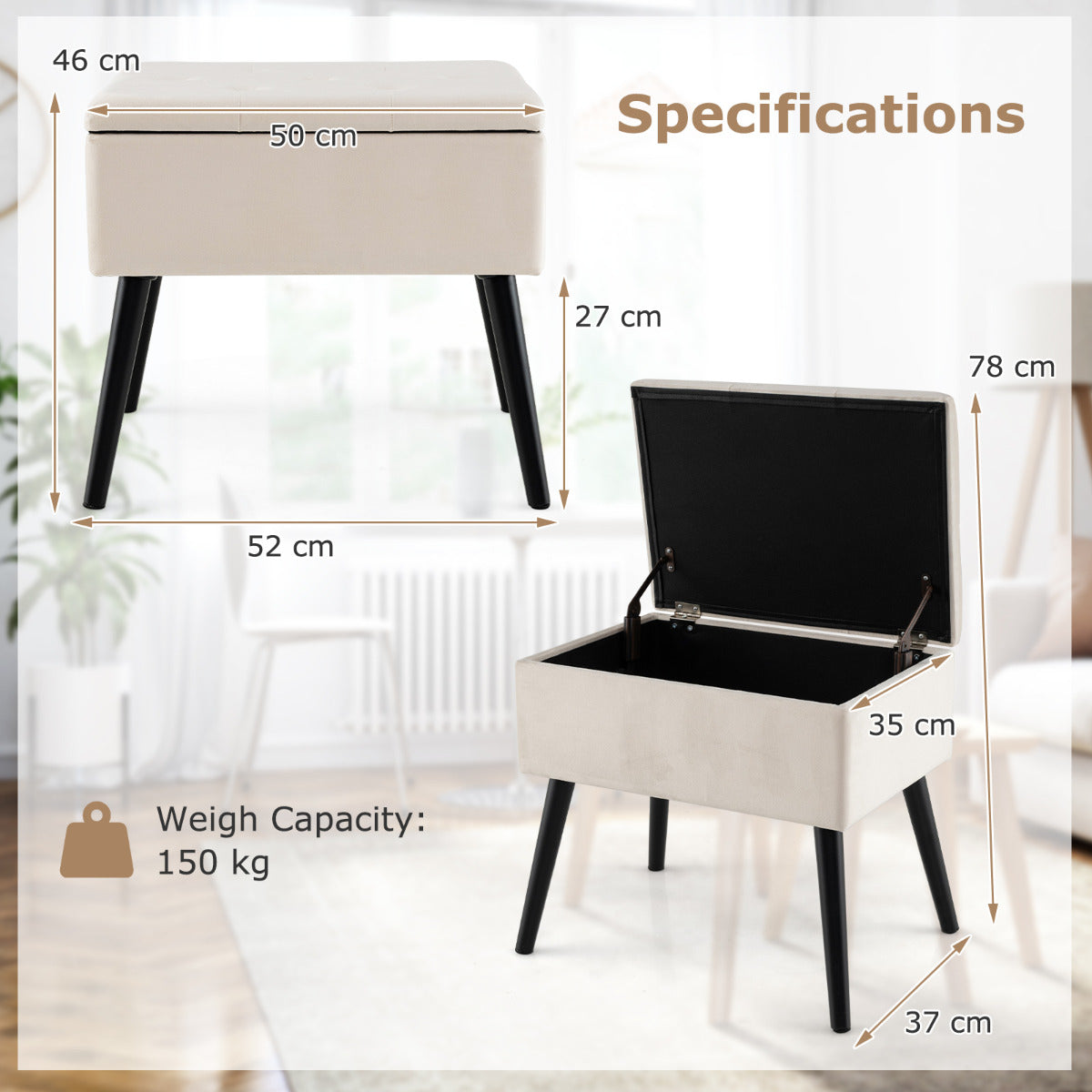 Modern Upholstered Flip Top Velvet Storage Ottoman Footrest-Beige