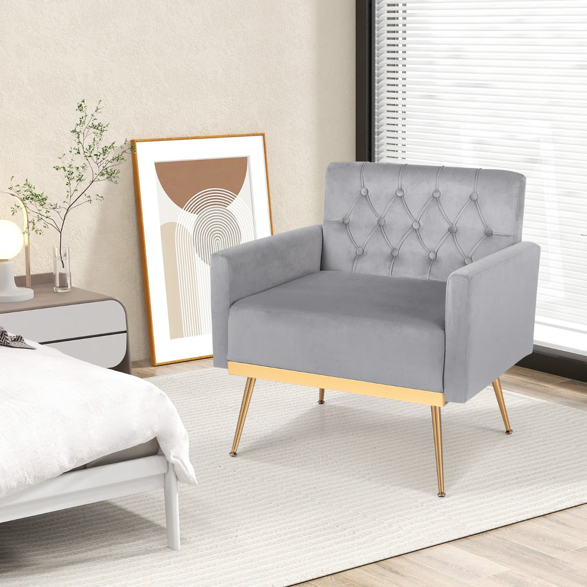 Modern Velvet Accent Chair with Button Tufted Back and Golden Metal Legs-Grey