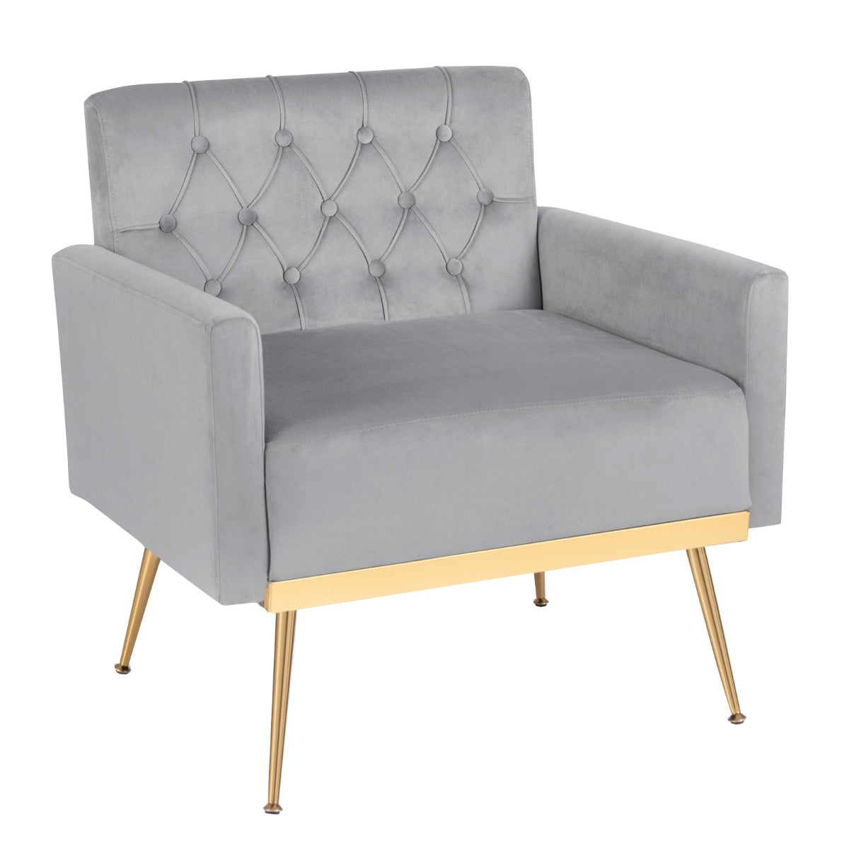 Modern Velvet Accent Chair with Button Tufted Back and Golden Metal Legs-Grey