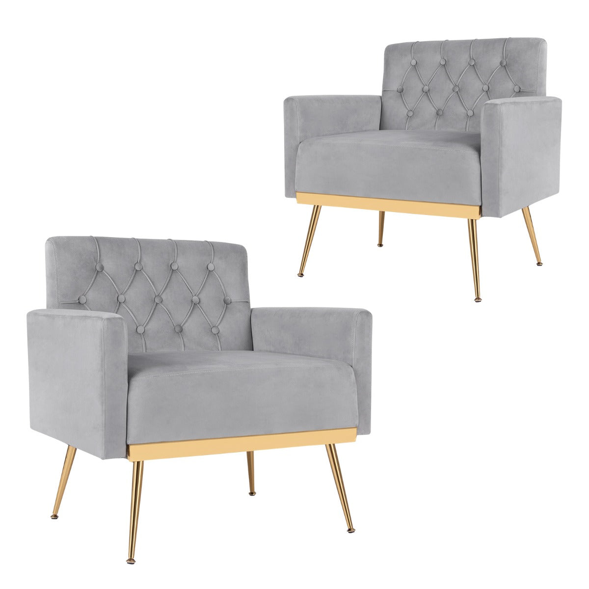 Modern Velvet Accent Chair with Button Tufted Back and Golden Metal Legs-Grey
