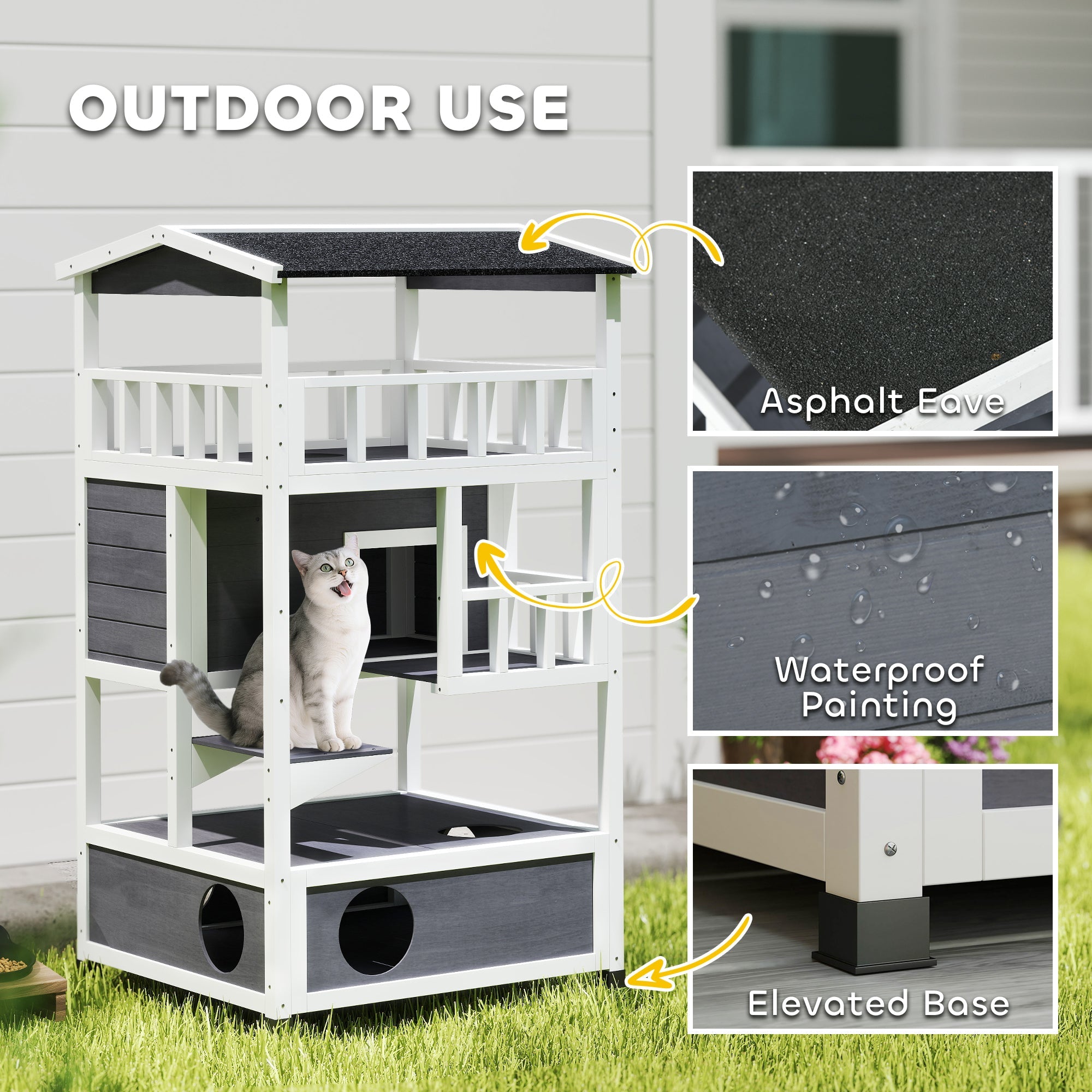 PawHut Wooden Outdoor Cat House, 3-Tier Cat Shelter with Tilted Roof, Terrace, Jump Step, Bottom Tray and Elevated Base, Waterproof Paint, Grey