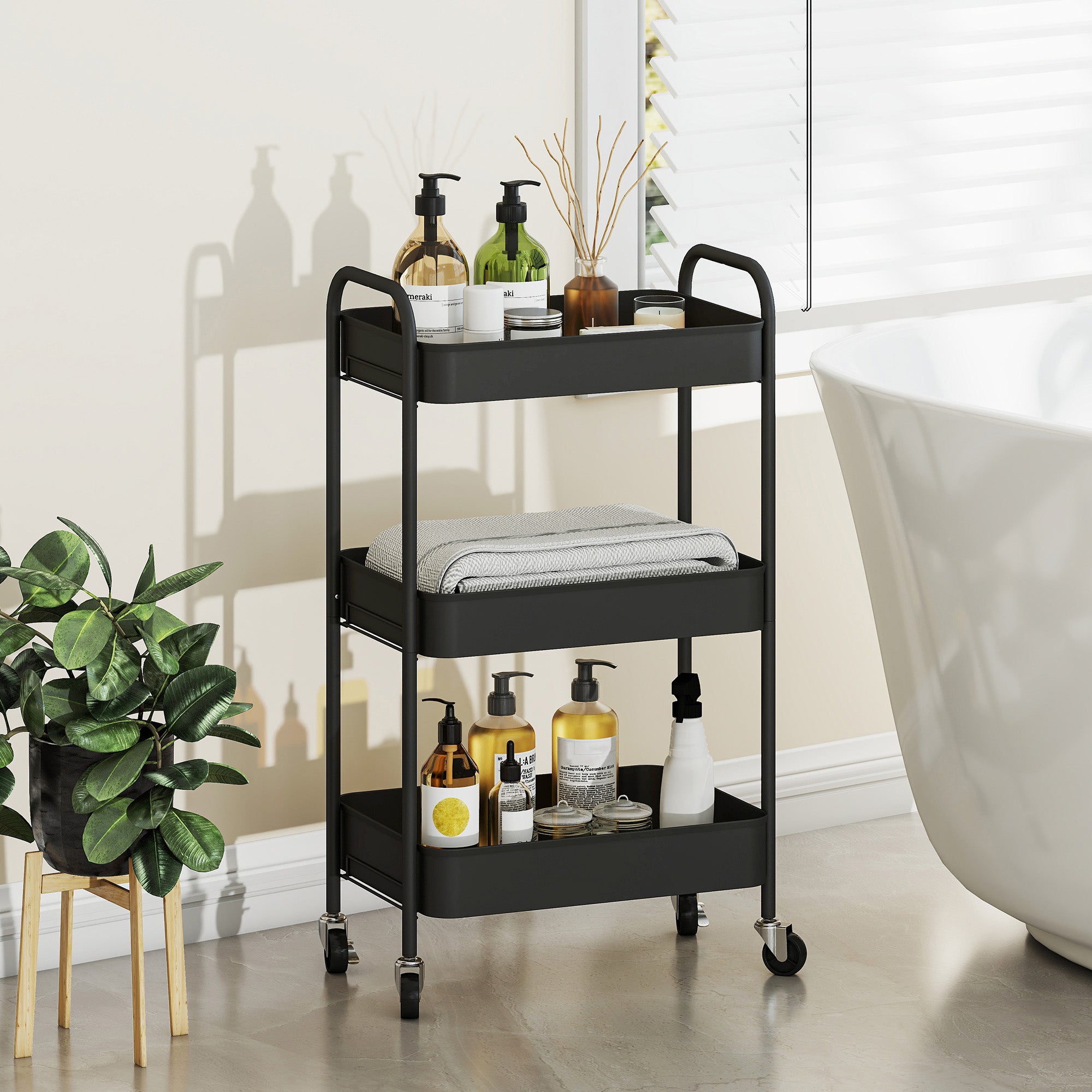 HOMCOM Three-Tier Steel Storage Trolley - Black