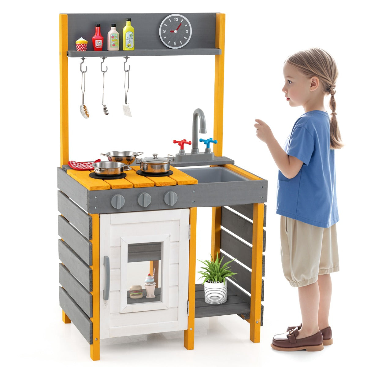 Mud Kitchen for Kids with Stoves Removable Sink and Faucet-Grey