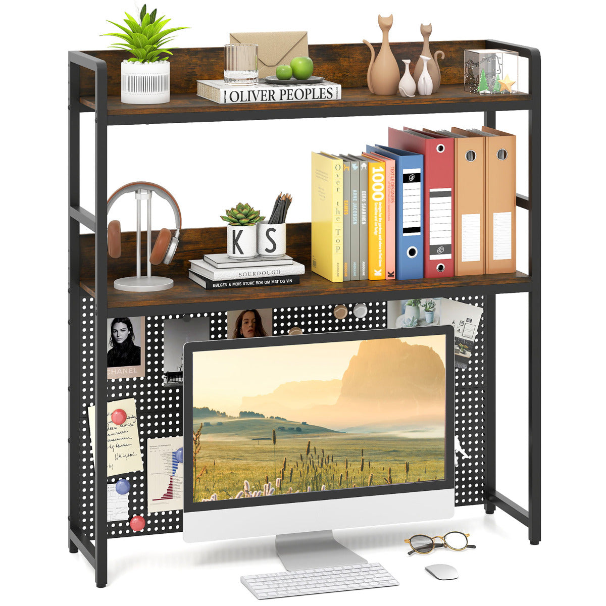 Multipurpose 2-Tier Desk Hutch with Pegboard for Home Office-Rustic Brown