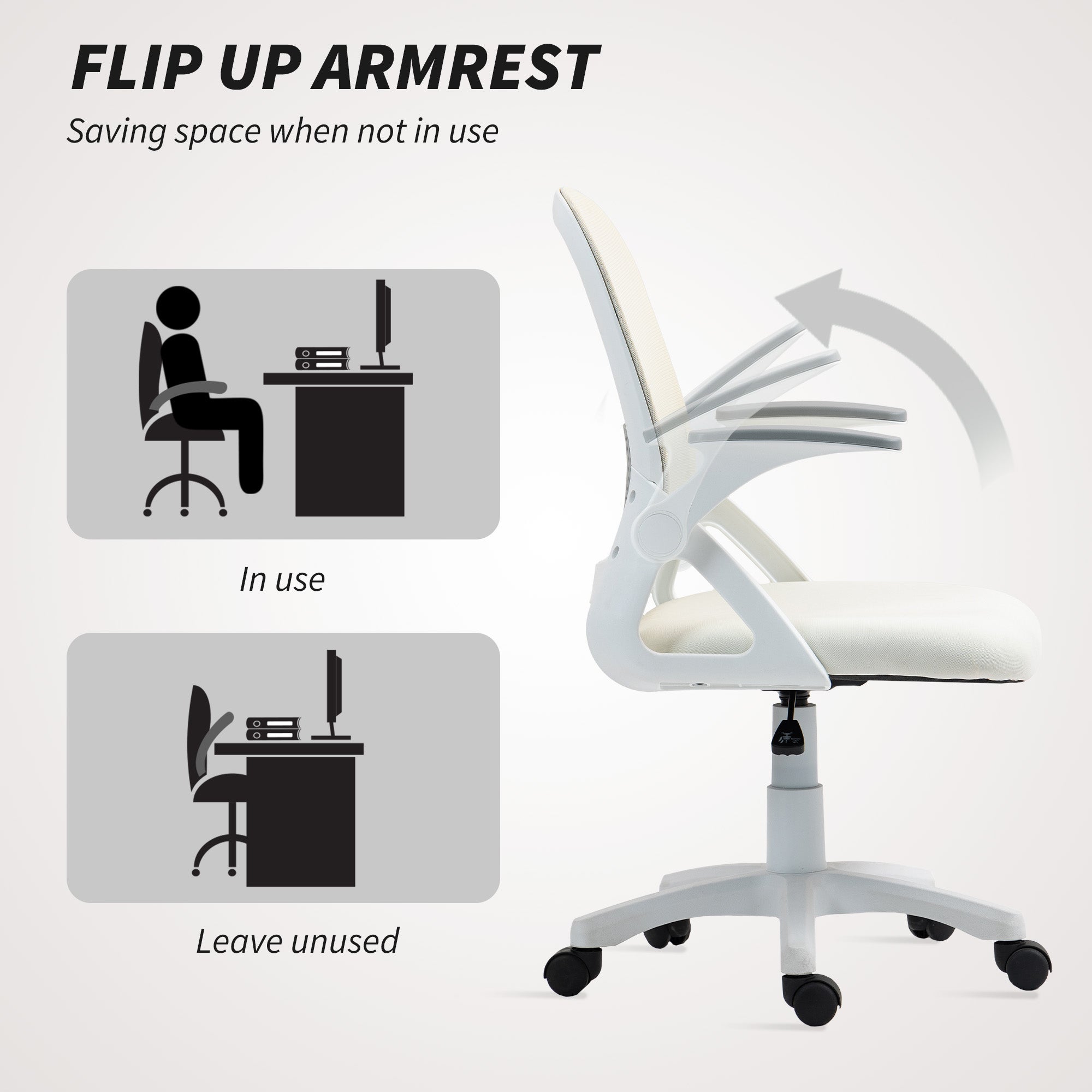 HOMCOM Breathable Mesh Office Chair, Ergonomic Swivel Computer Chair with Flip-up Armrests, Lumbar Back Support for Home/Office, White