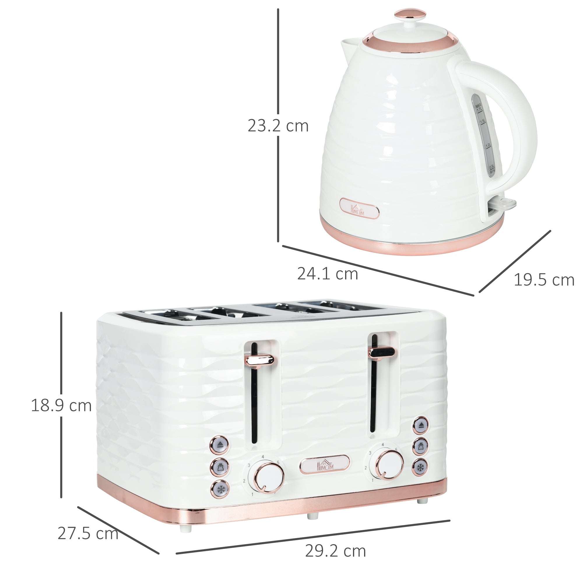 HOMCOM Kettle and Toaster Sets, 3000W 1.7L Rapid Boil Kettle & 4 Slice Toaster with 7 Browning Controls, Defrost, Reheat and Crumb Tray, UK Otter thermostat, Cream White