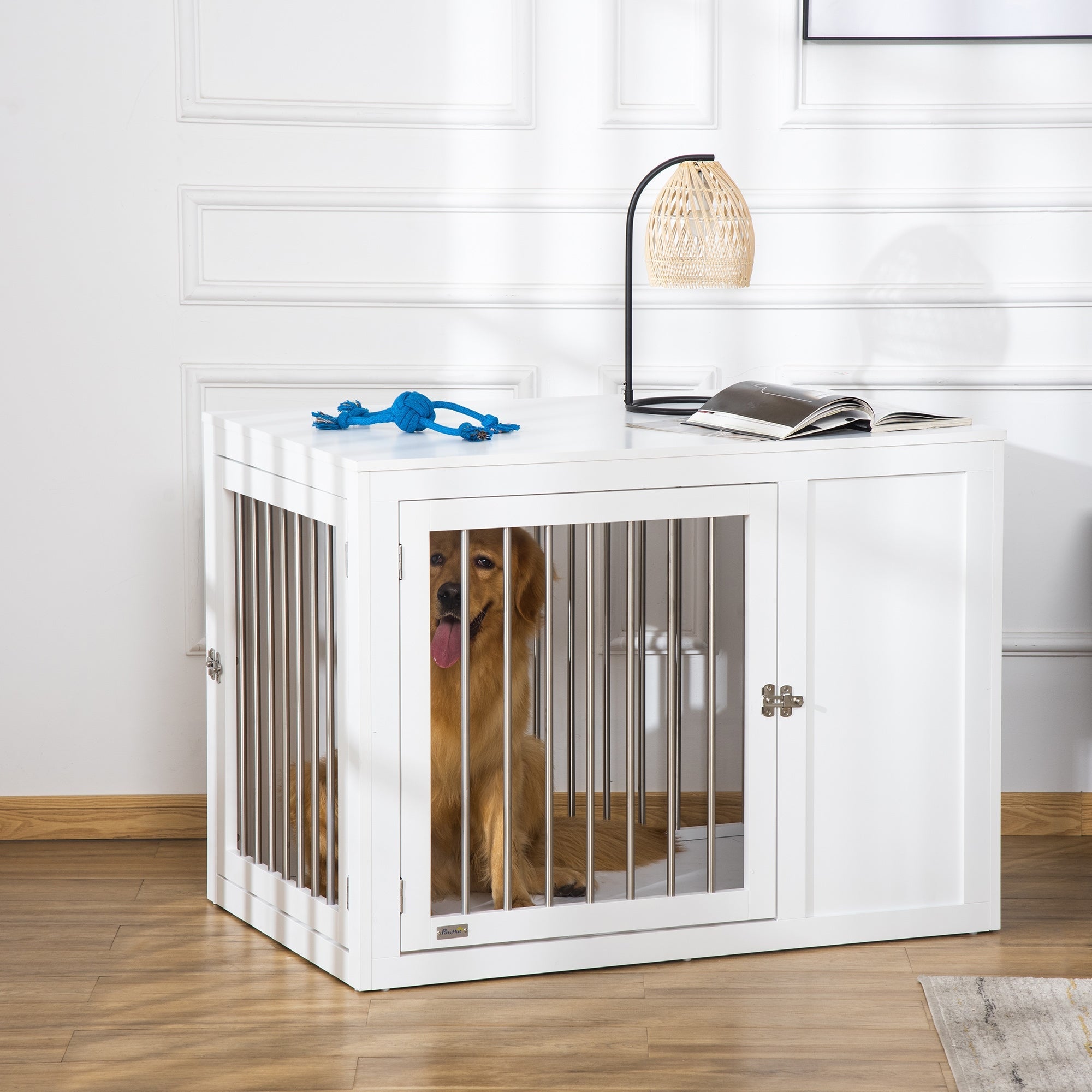 PawHut 2-in-1 Dog Cage and Side Table, with Two Lockable Doors, for Medium Large Dogs - White