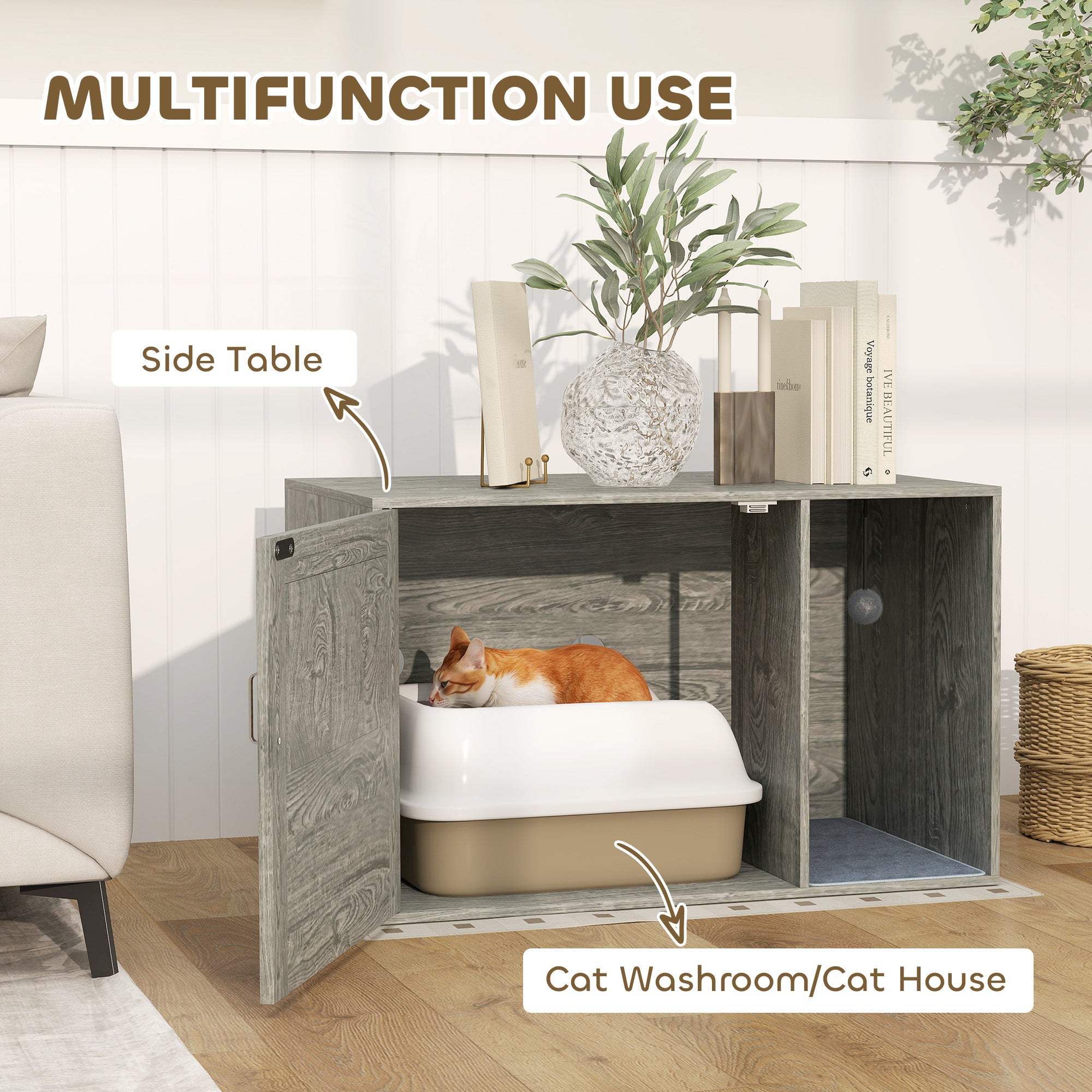 PawHut Cat Litter Box Enclosure with Rattan Door, Scratching Mat, Toy Ball, Non-Slip Foot Pads, Grey