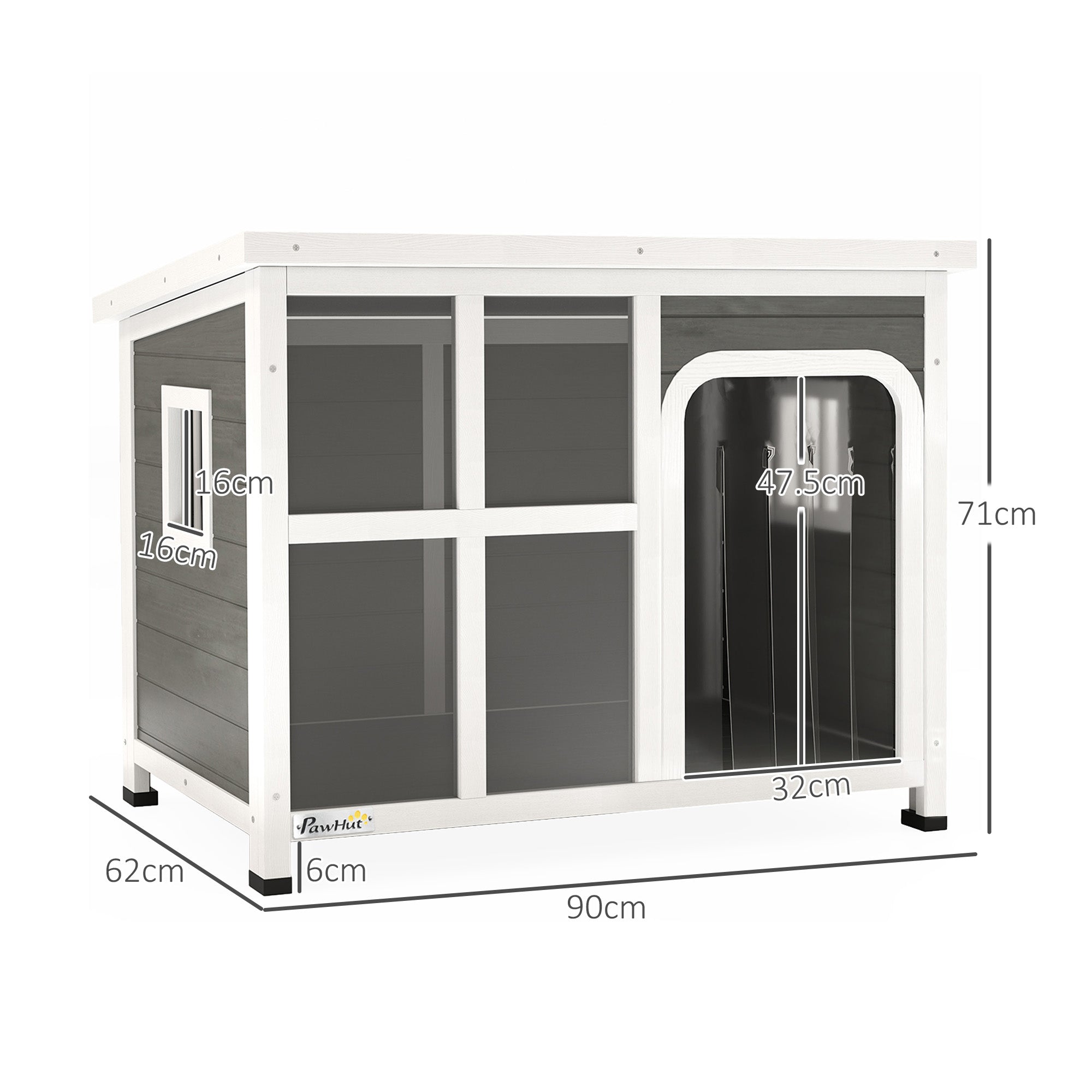 PawHut Wooden Outdoor Dog House with Asphalt Openable Top, Removable Floor, Clear Front Panel, Curtain, Light Grey
