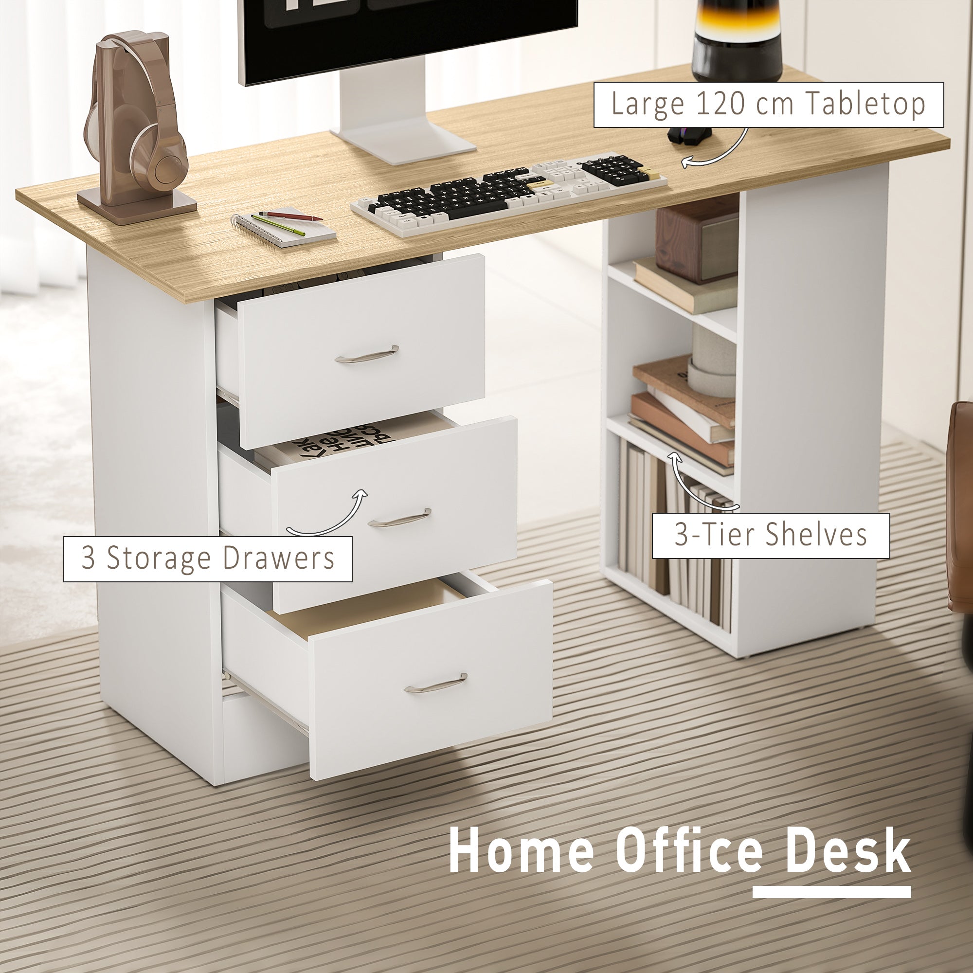 HOMCOM Computer Desk, Writing Table, PC Workstation with 3 Storage Shelves and Drawers, Silver Handle, for Home Office, Natural Wood Finish and White