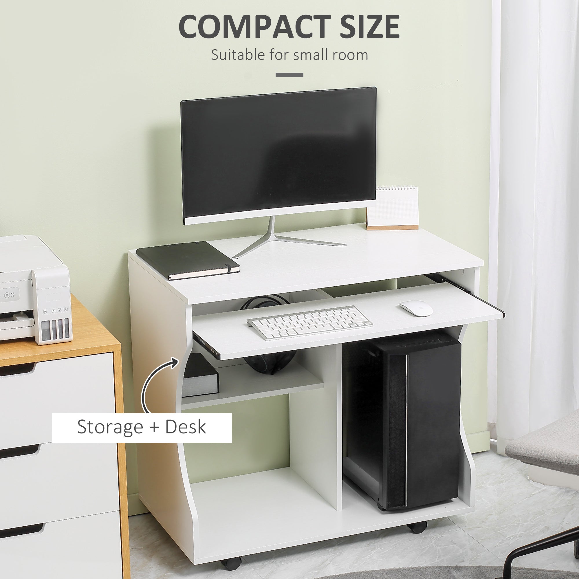 HOMCOM Multi-Storage Compact Work Desk, with Wheels - White