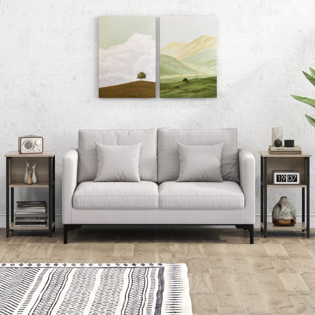 Narrow Sofa Side Table Set of 2 with Storage Shelf for Small Spaces-Grey