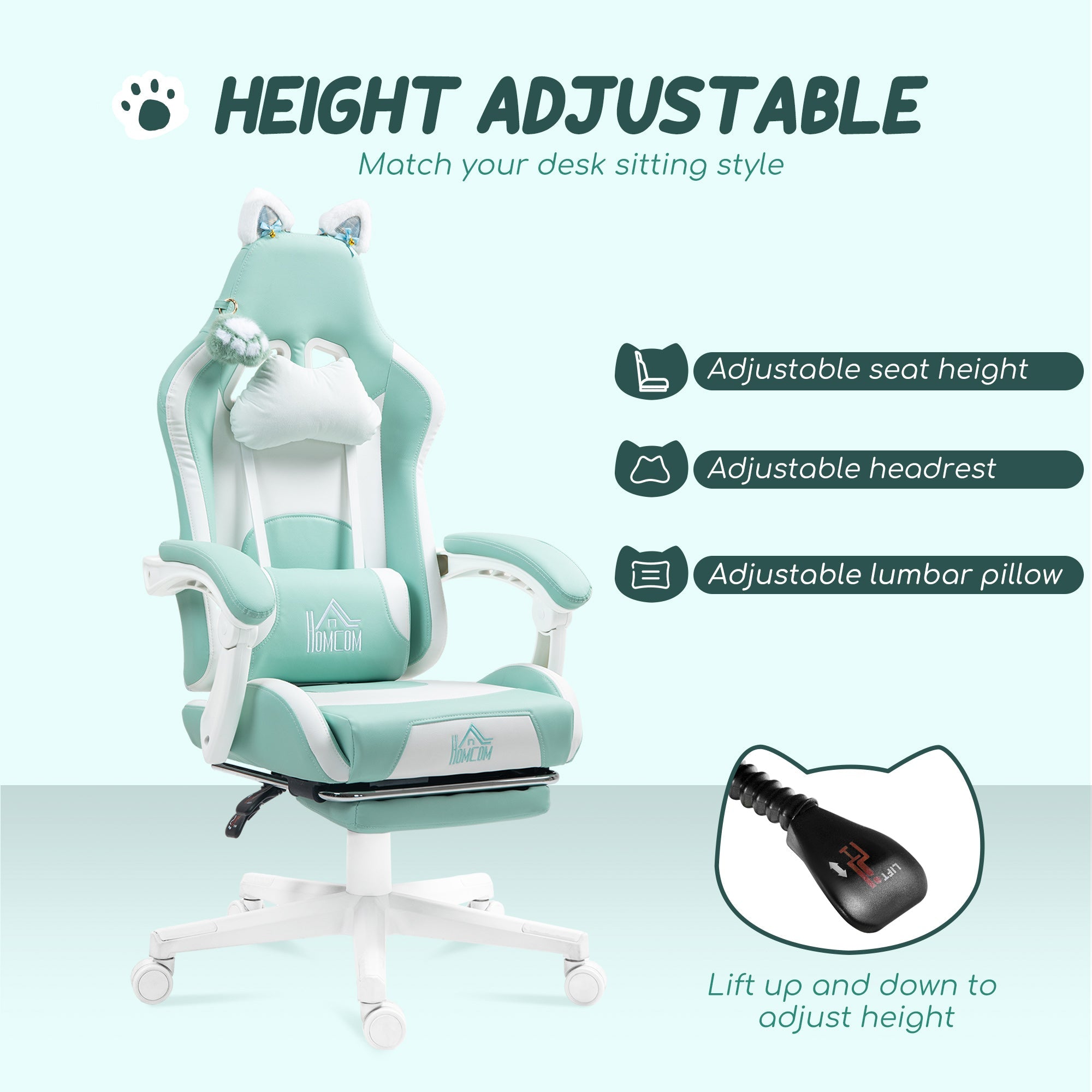 HOMCOM Cat Ear and Paw Reclining Office Chair, with Footrest - Light Blue/White