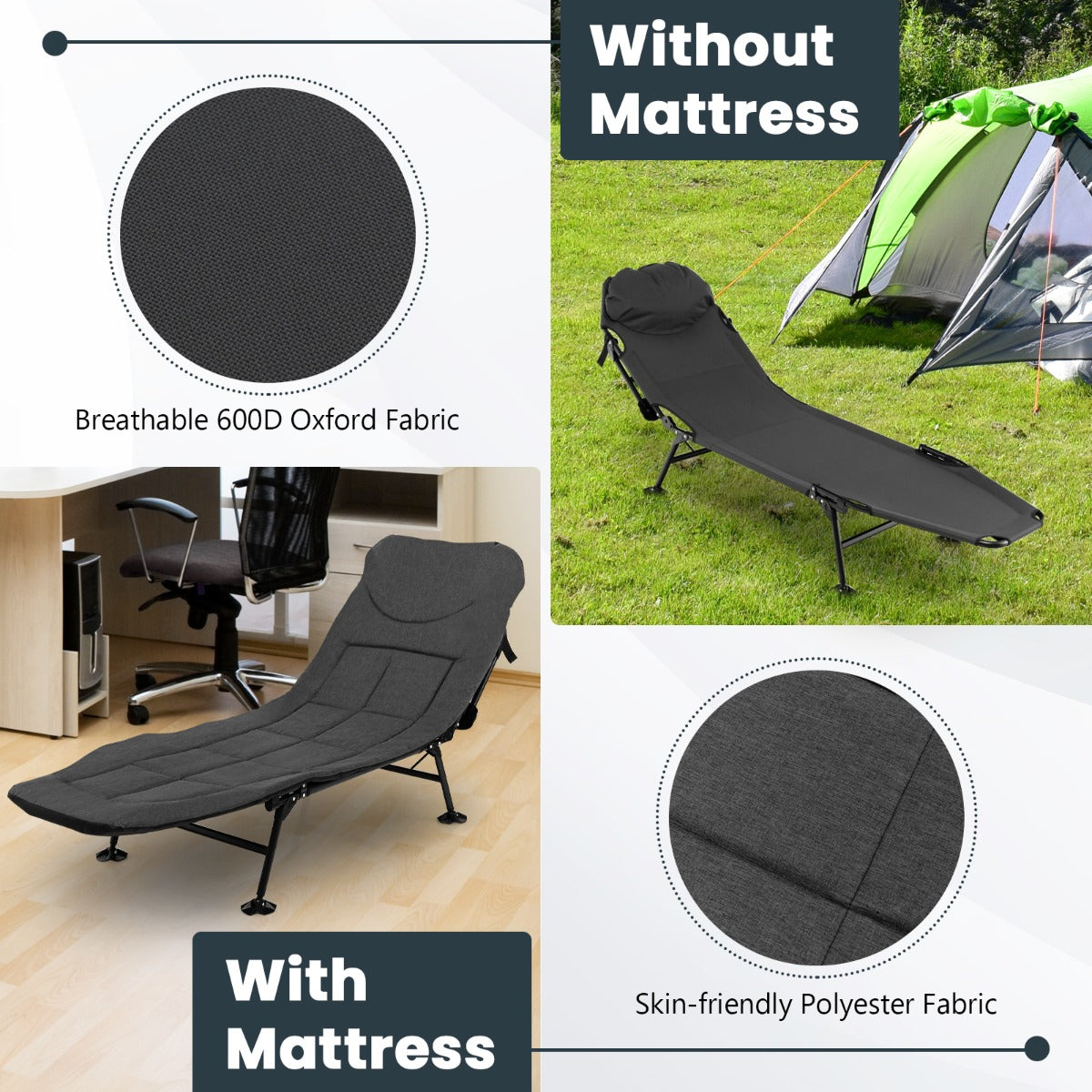 Folding Camping Cot with Detachable Mattress and 6-Position Adjustable Backrest-Grey