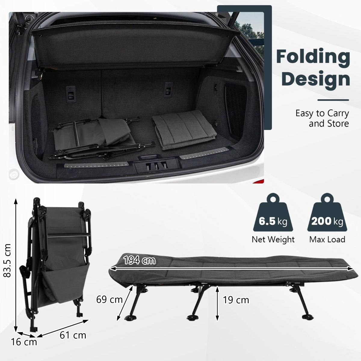 Folding Camping Cot with Detachable Mattress and 6-Position Adjustable Backrest-Grey