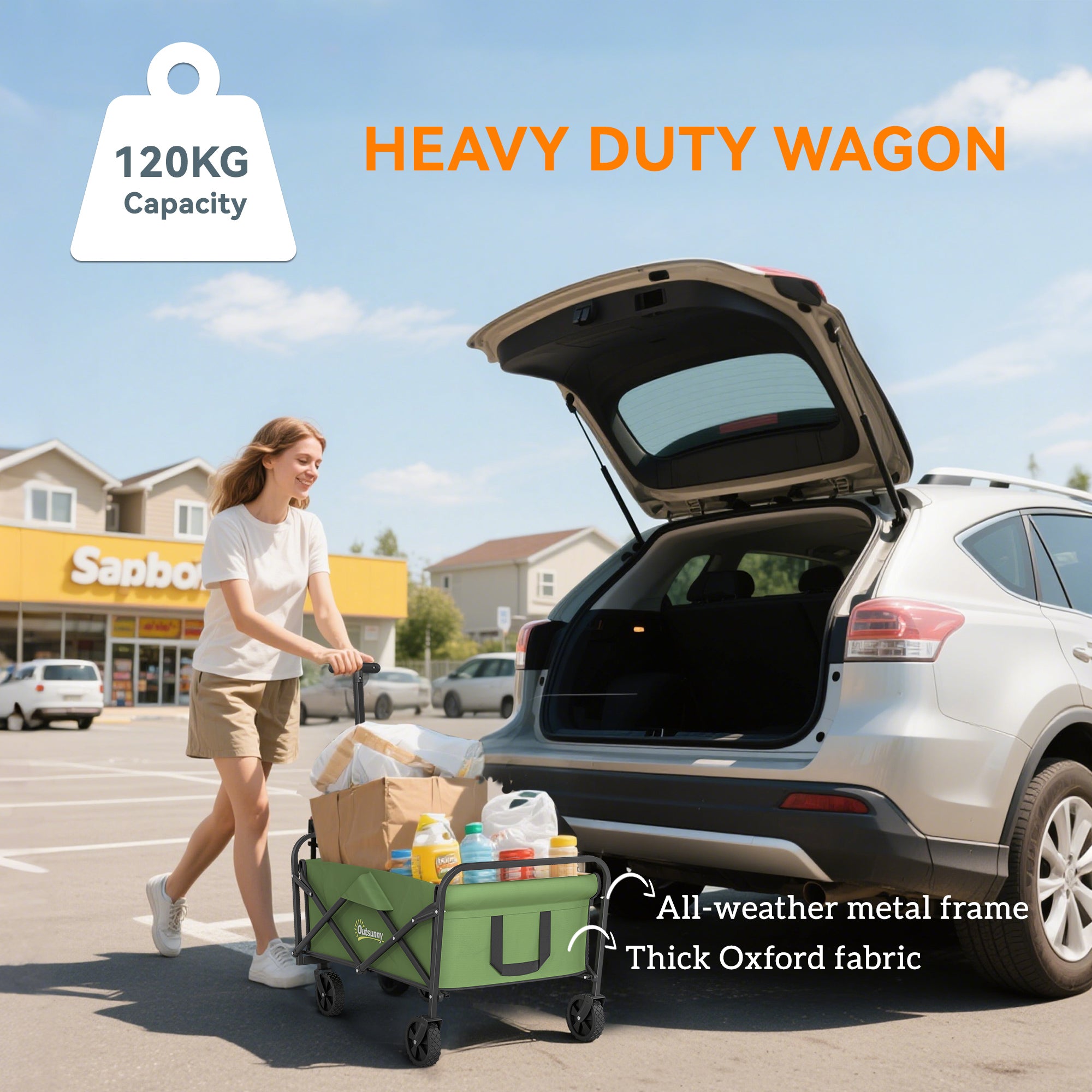 Outsunny 62L Festival Trolley on Wheels, Garden Folding Trolley Cart, 120kg Heavy Duty Collapsible Folding Wagon with Adjustable Handle and Carrying Bag for Beach, Camping, Festival, Green