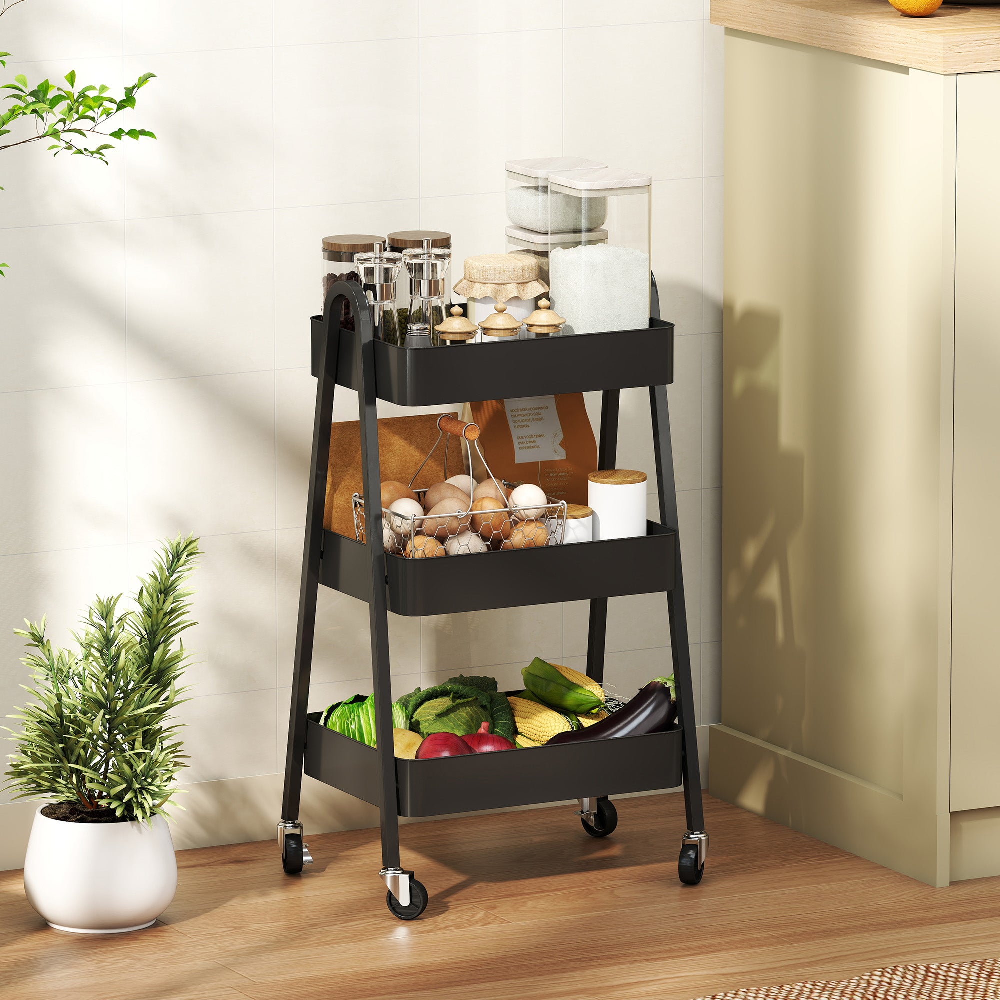 HOMCOM Three-Tier Storage Trolley - Black