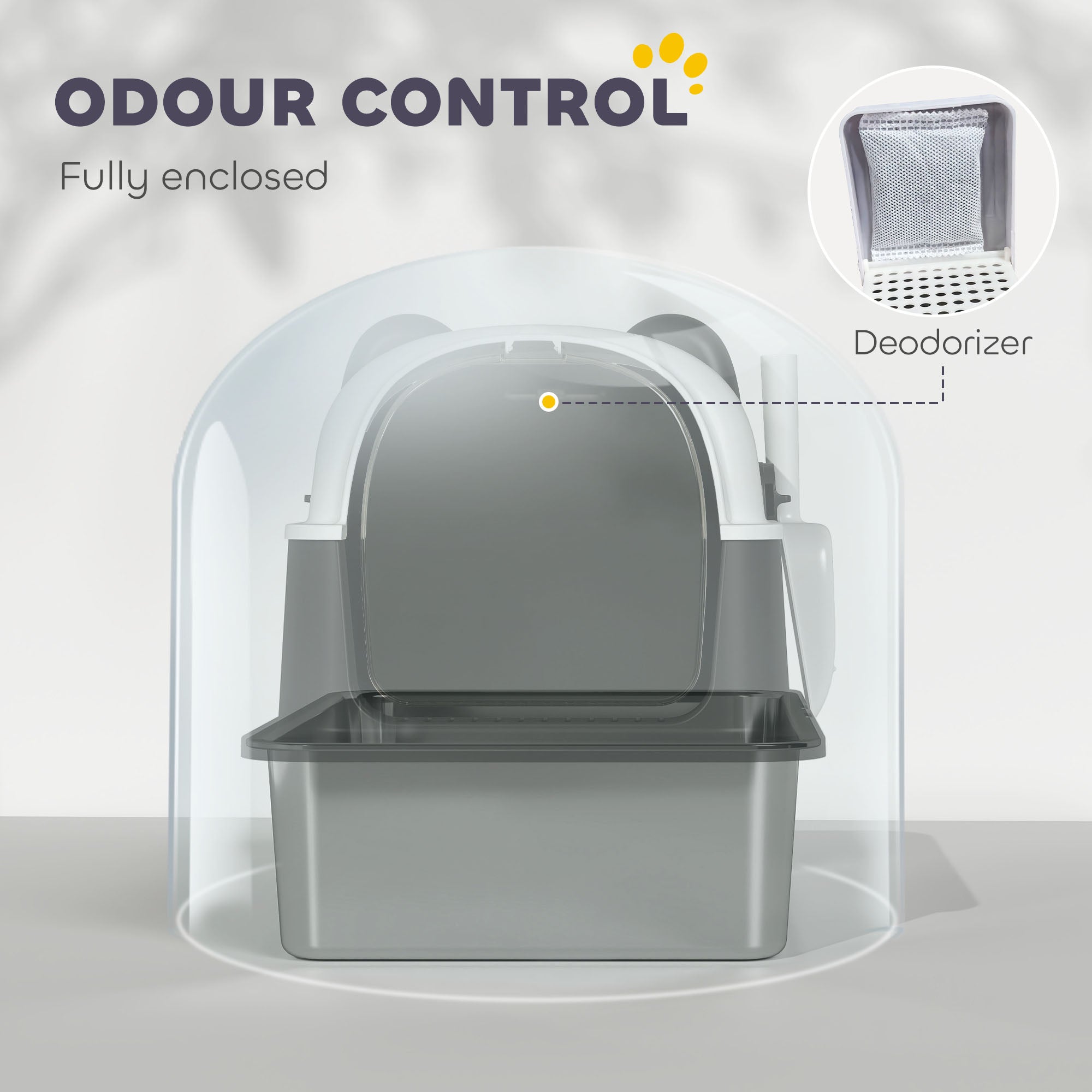 PawHut Panda Style XL Stainless Steel Cat Litter Box with Lid, Enclosed Kitty Litter Box with Scoop, 60 x 40 x 45 cm