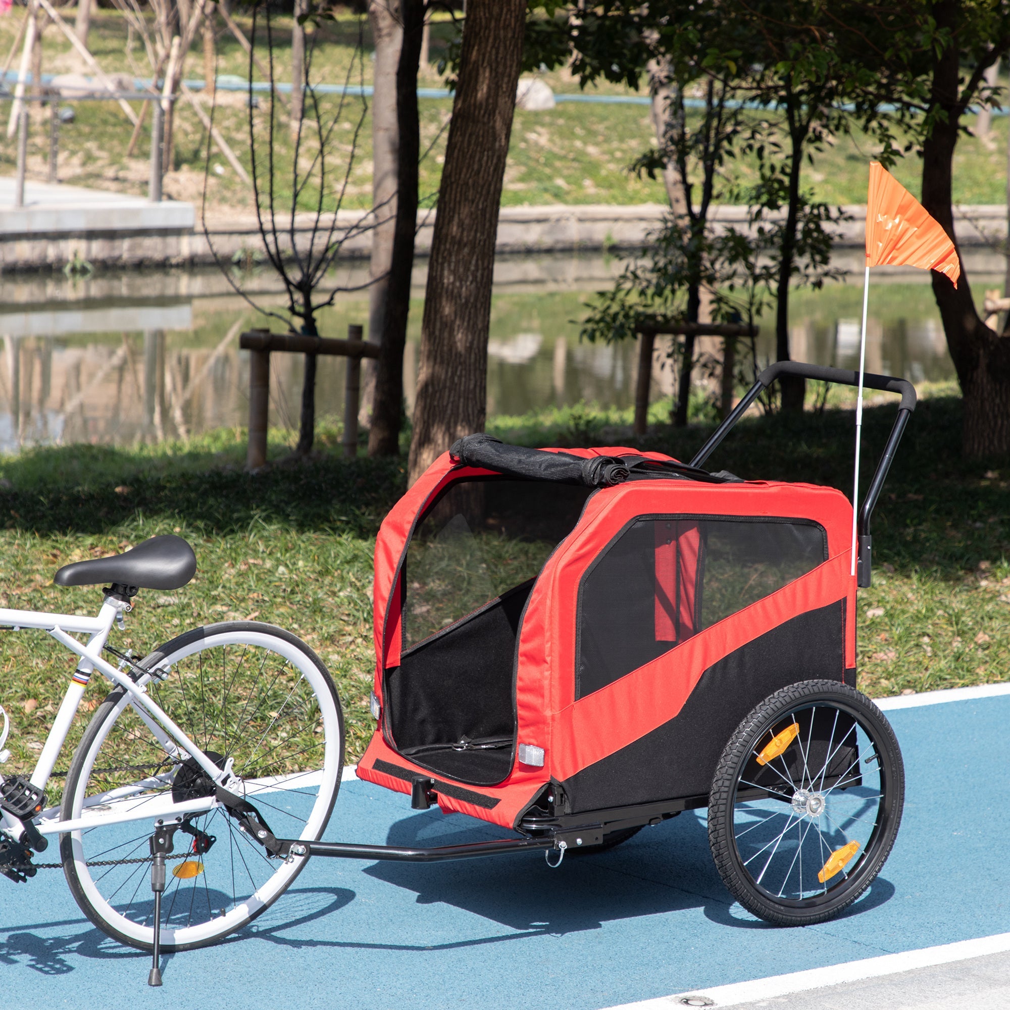 PawHut 2 in 1 Dog Bike Trailer Pet Stroller for Large Dogs with Hitch, 20" Wheels, Pet Bicycle Cart Trolley Carrier for Travel, Red