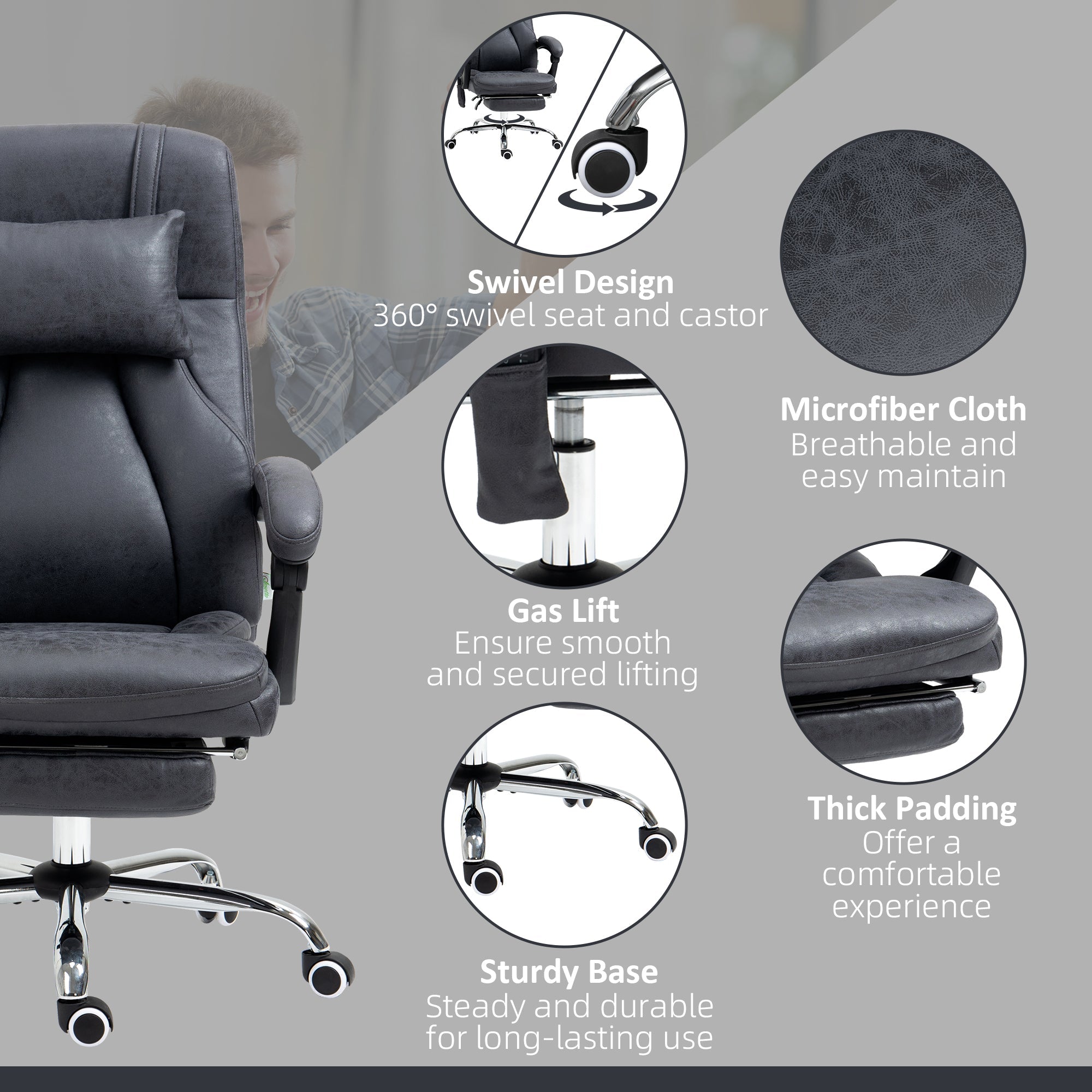 Vinsetto Office Chair with Lumbar Massage, 135√Ç¬∞ Reclining Computer Chair with Adjustable Headrest, Retractable Footrest, 10cm Double Padded Seat, Microfiber Fabric, Metal Base, Dark Grey