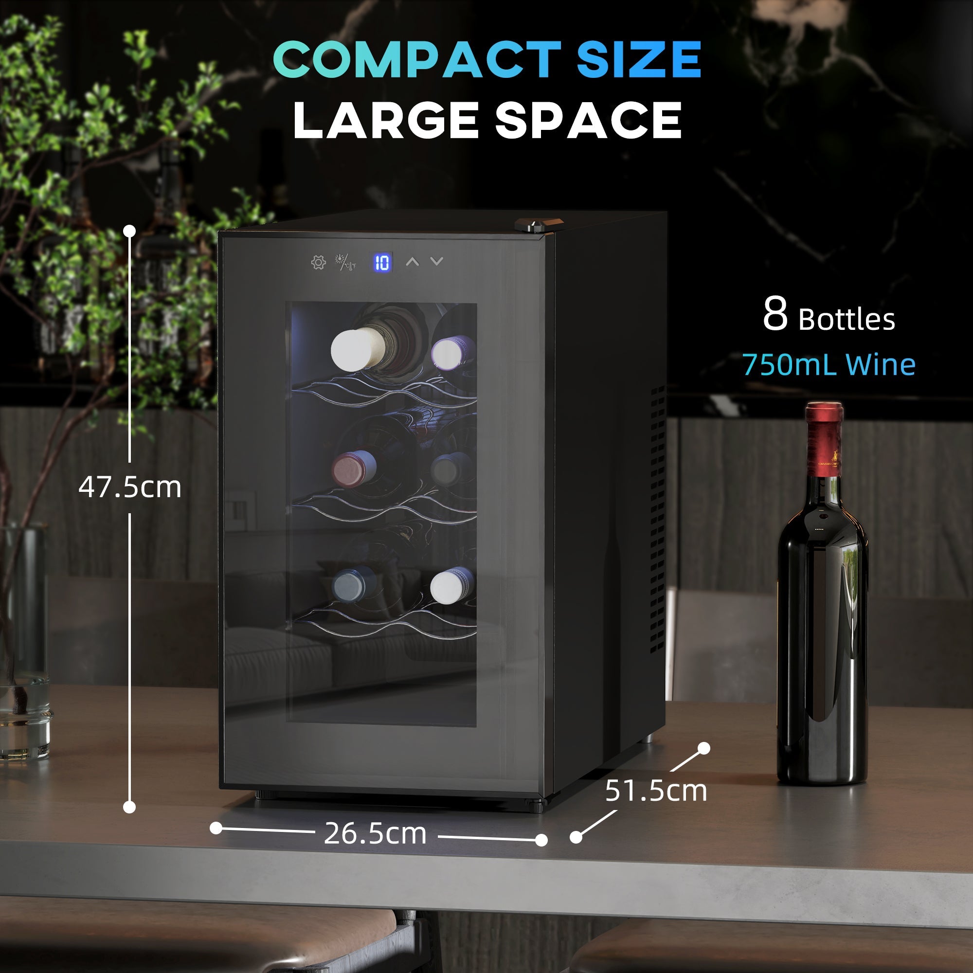 HOMCOM Mini Table Top Wine Fridge, 8 Bottle, 17L, 8-18√¢‚Äû∆í, 26.5cm Quiet Under Counter Wine Cooler Fridge with Glass Door, LED Light, Digital Touch Screen, Temperature Control