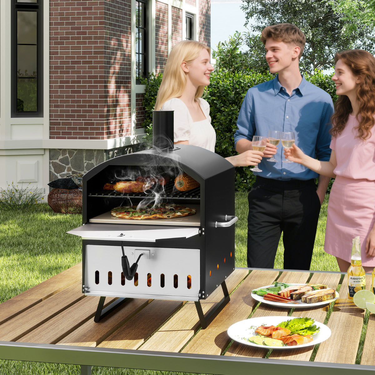 Outdoor 60cm Wood Fired Pizza Oven with Cooking Grills and Cover-Black