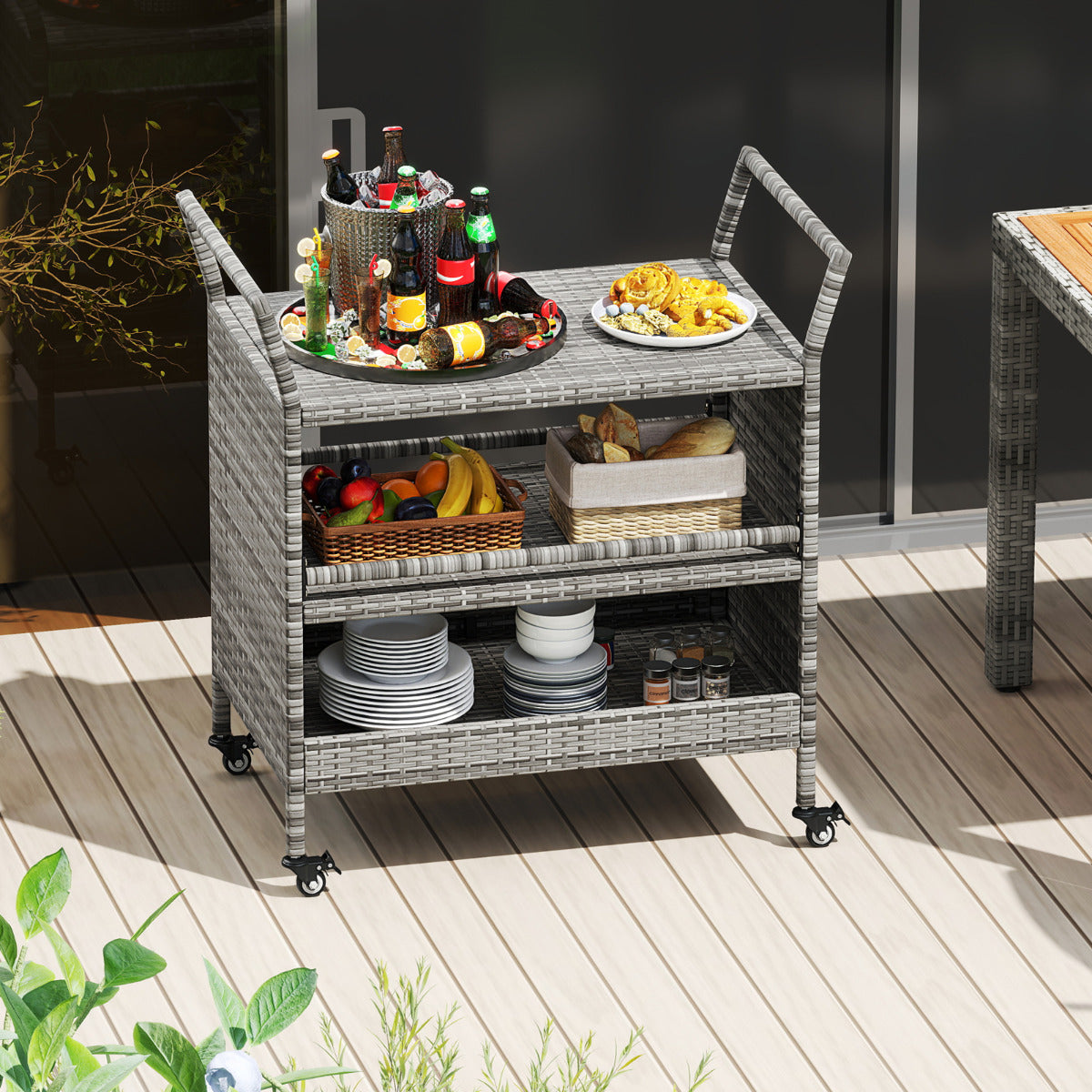 Outdoor Bar Cart 3-Tier Patio Rattan Storage Shelf Wicker Serving Table