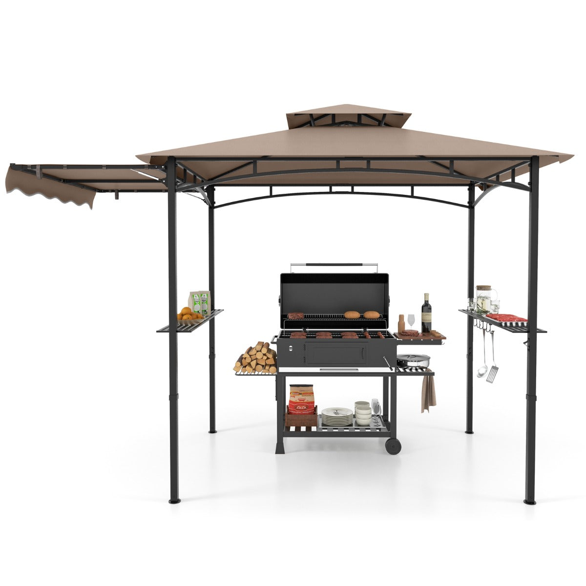 Outdoor Barbecue Canopy Tent Grill Gazebo with Side Awning-Brown