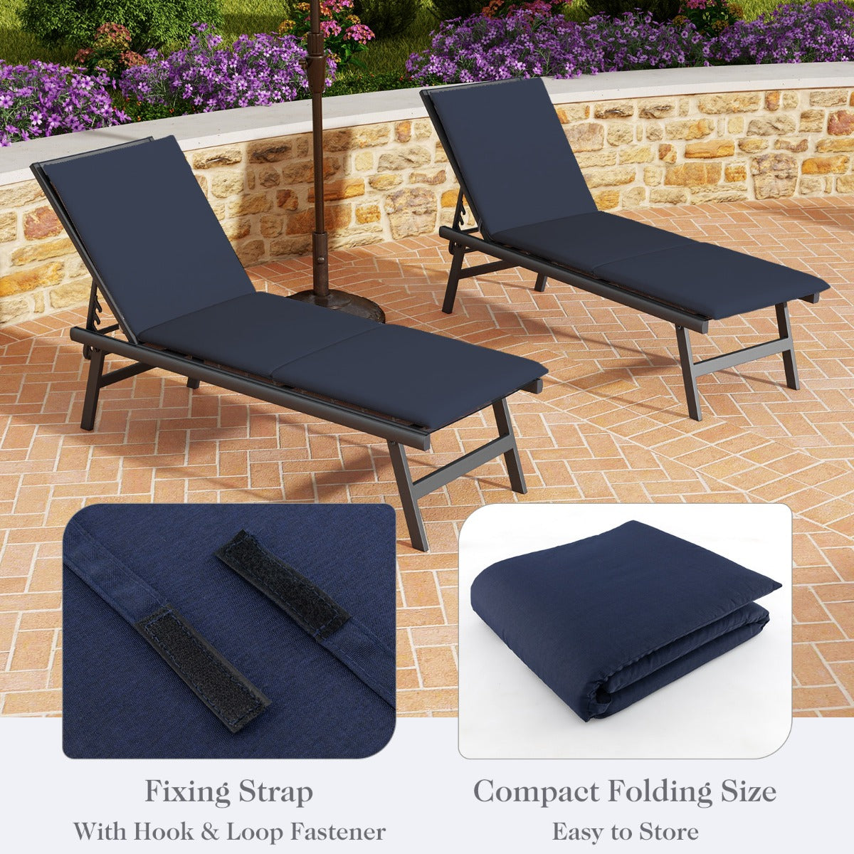 Folding Outdoor Chaise Lounge Cushion Patio Furniture Pad with Straps-Navy-2 Pieces