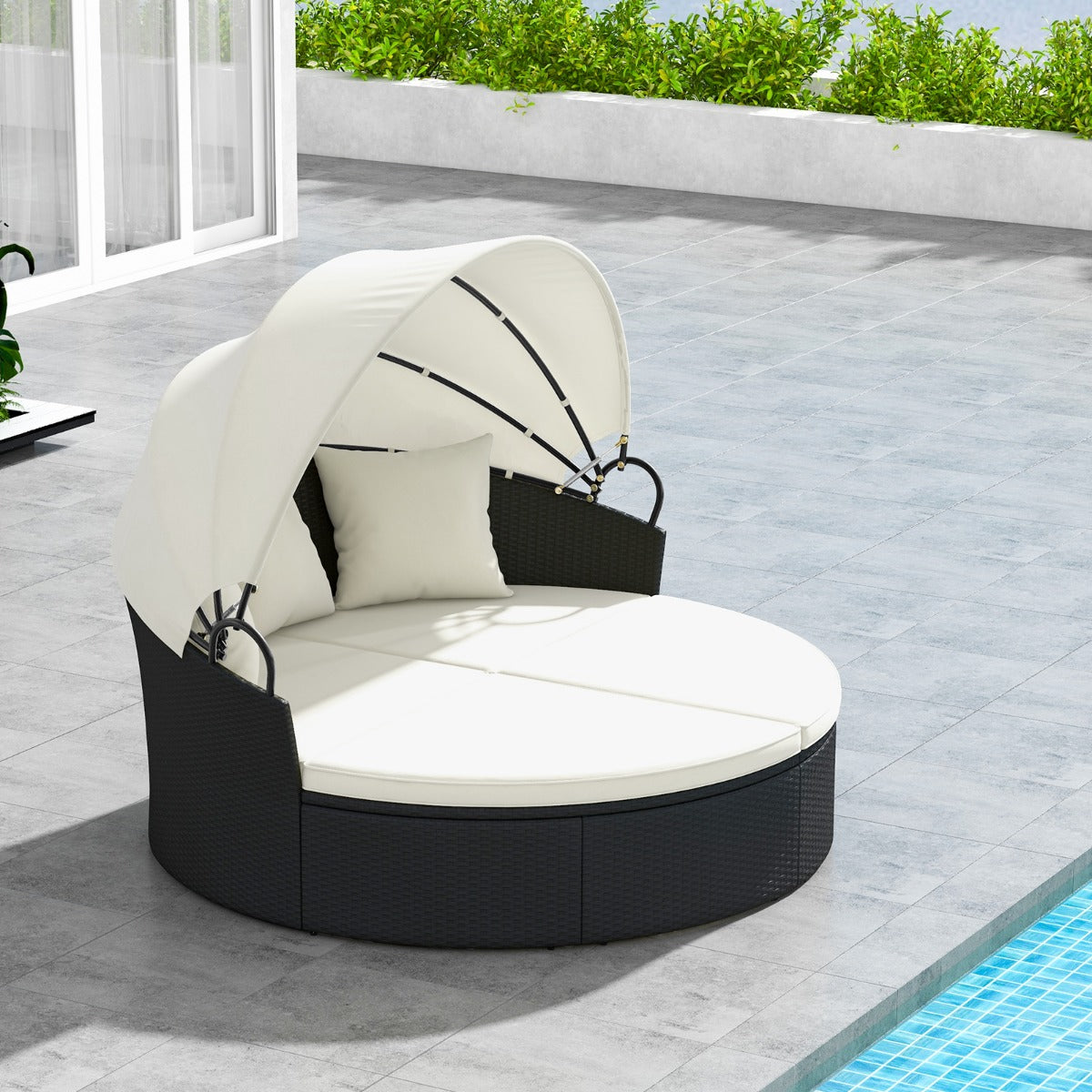 Outdoor Patio Round Daybed with Retractable Canopy and Cushions and Throw Pillows-White