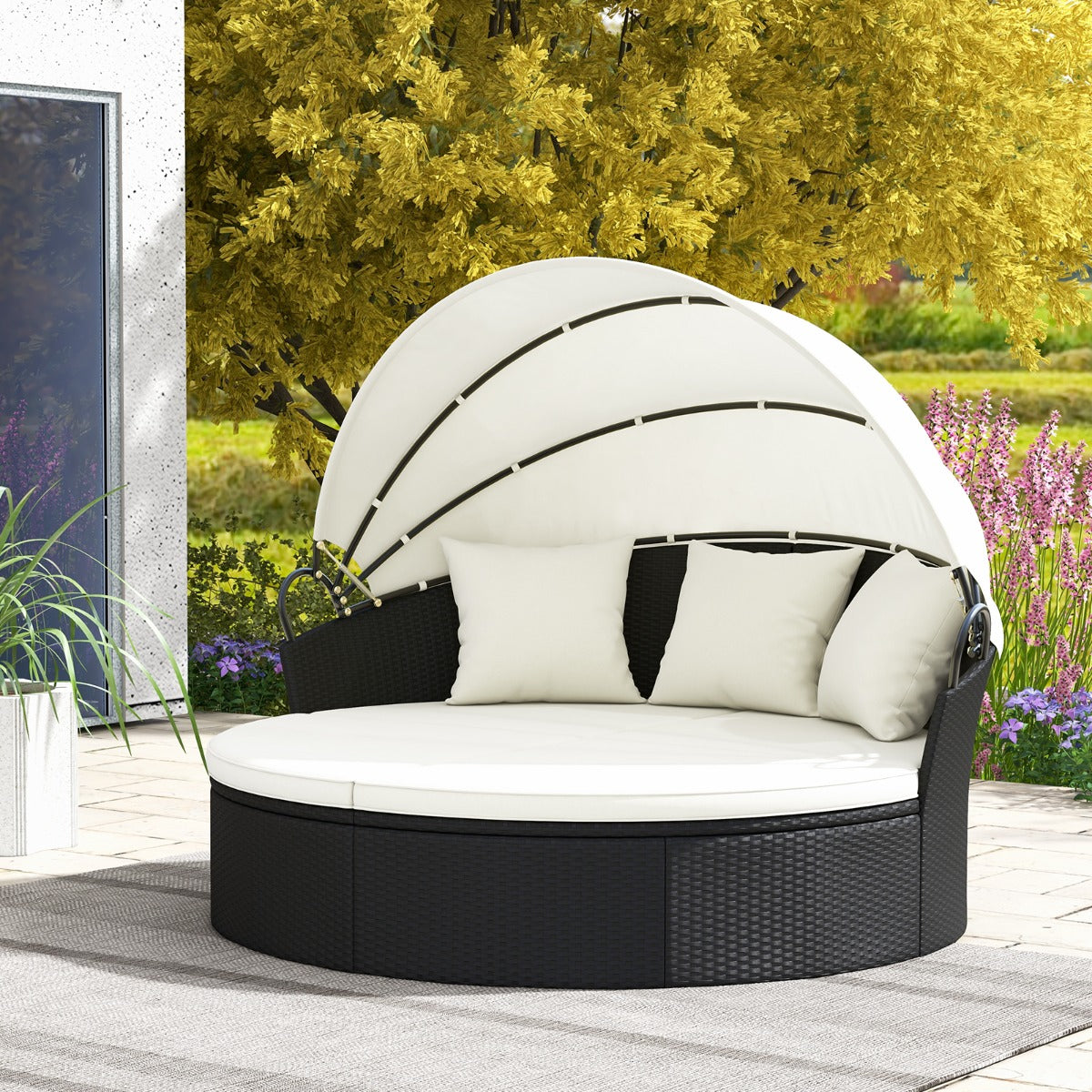 Outdoor Patio Round Daybed with Retractable Canopy and Cushions and Throw Pillows-White