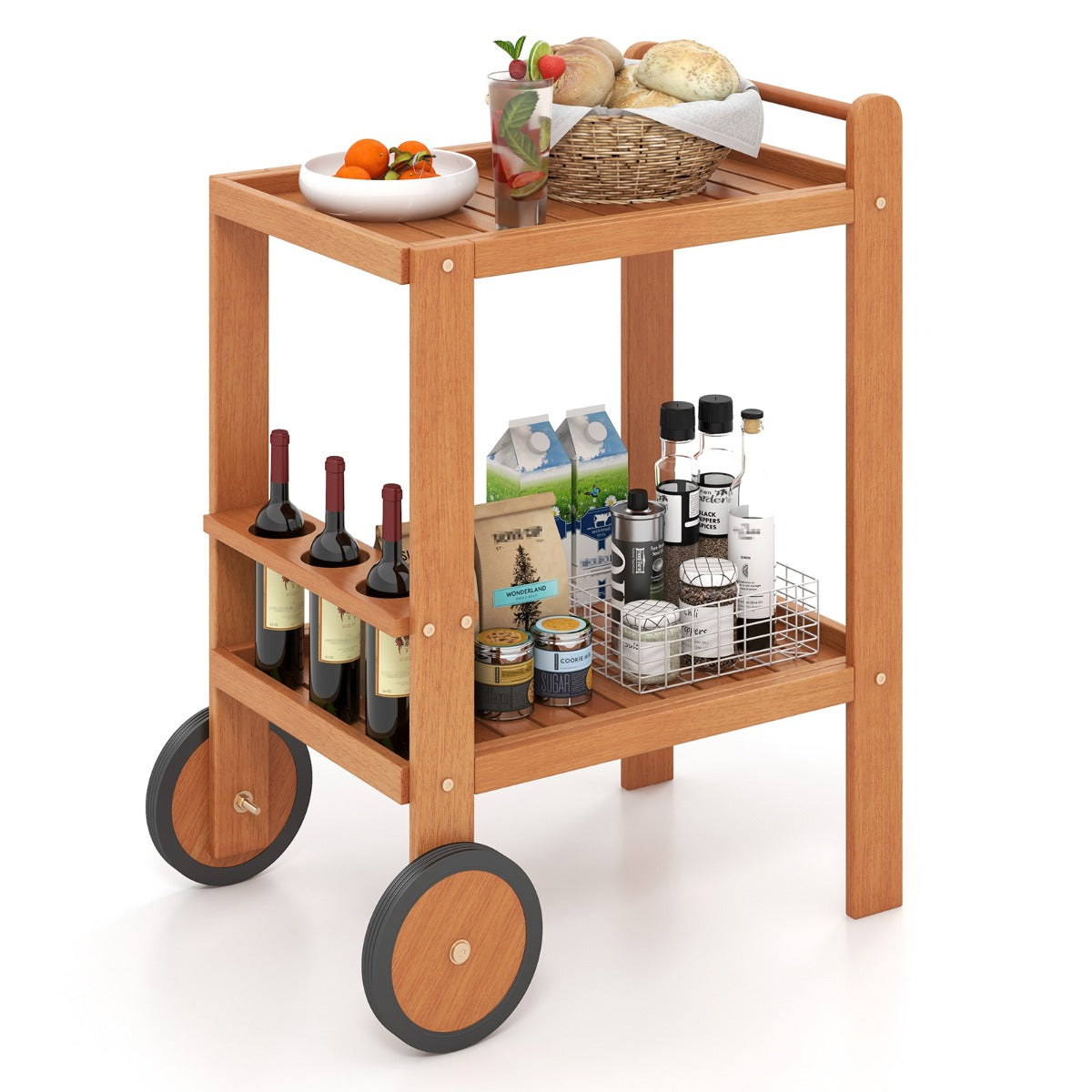 Indoor Outdoor Wood Bar Cart with Wine Bottle Holders and 2 Rubber Wheels