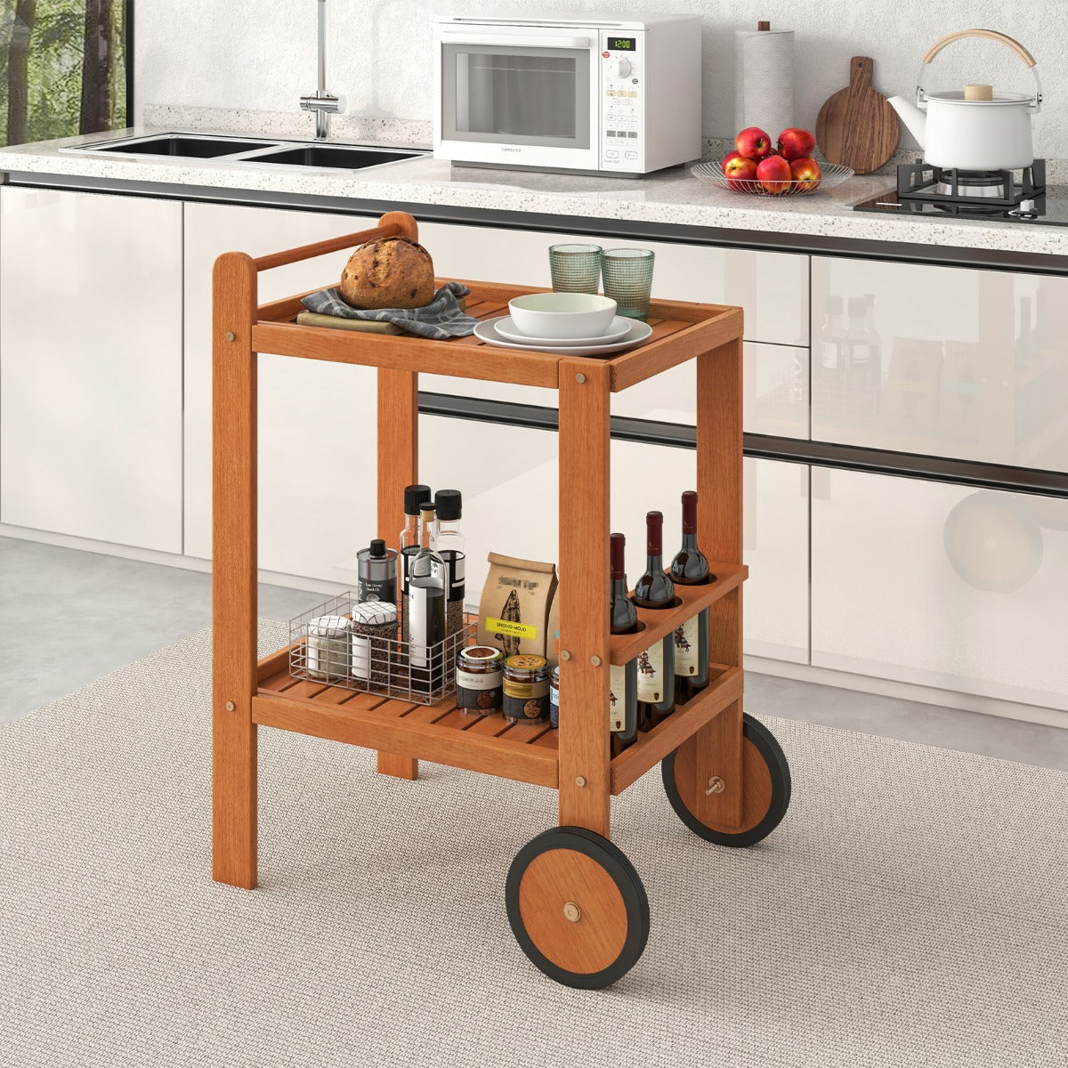 Indoor Outdoor Wood Bar Cart with Wine Bottle Holders and 2 Rubber Wheels
